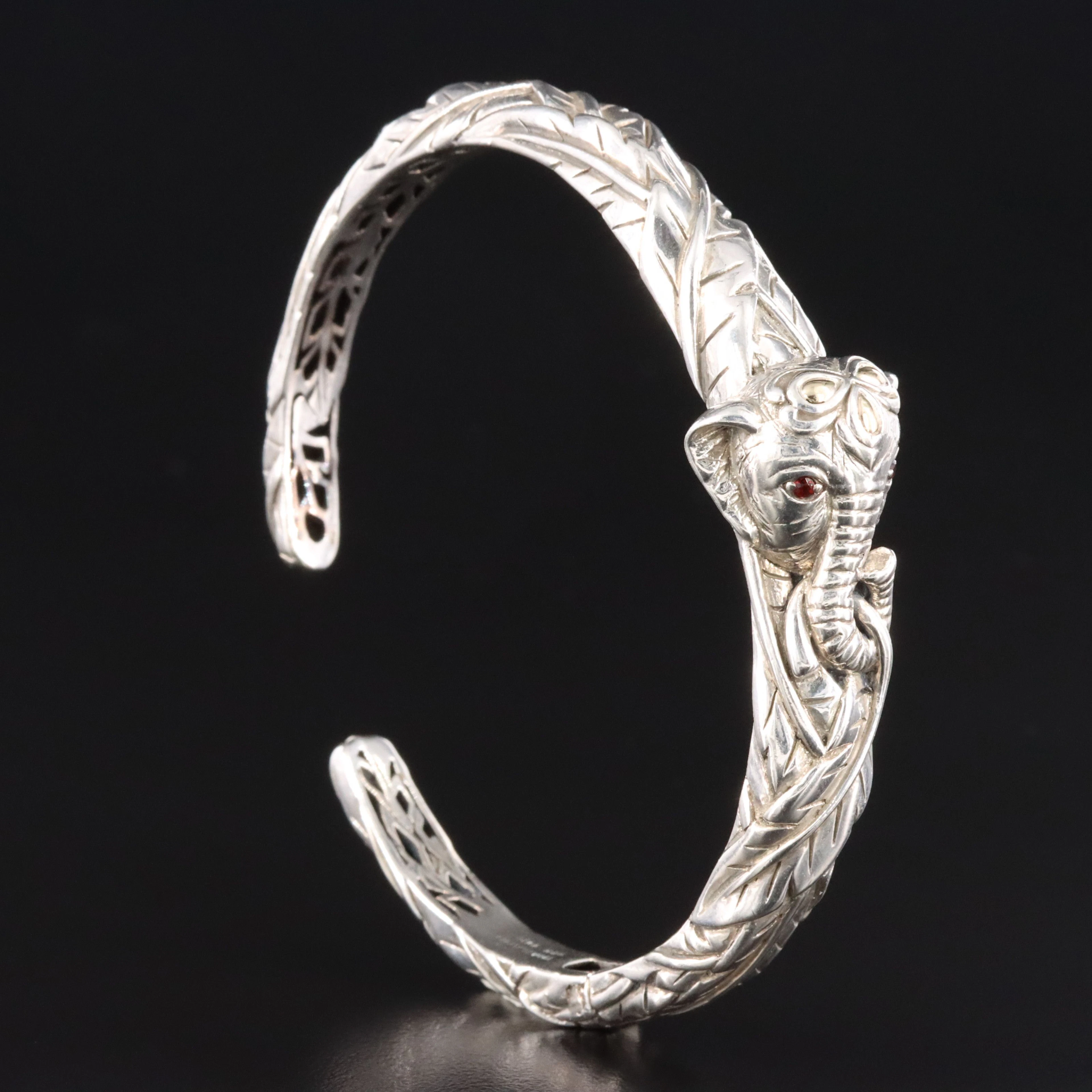 Sterling Garnet Eyed Elephant Cuff With 14K Yellow Gold Accents