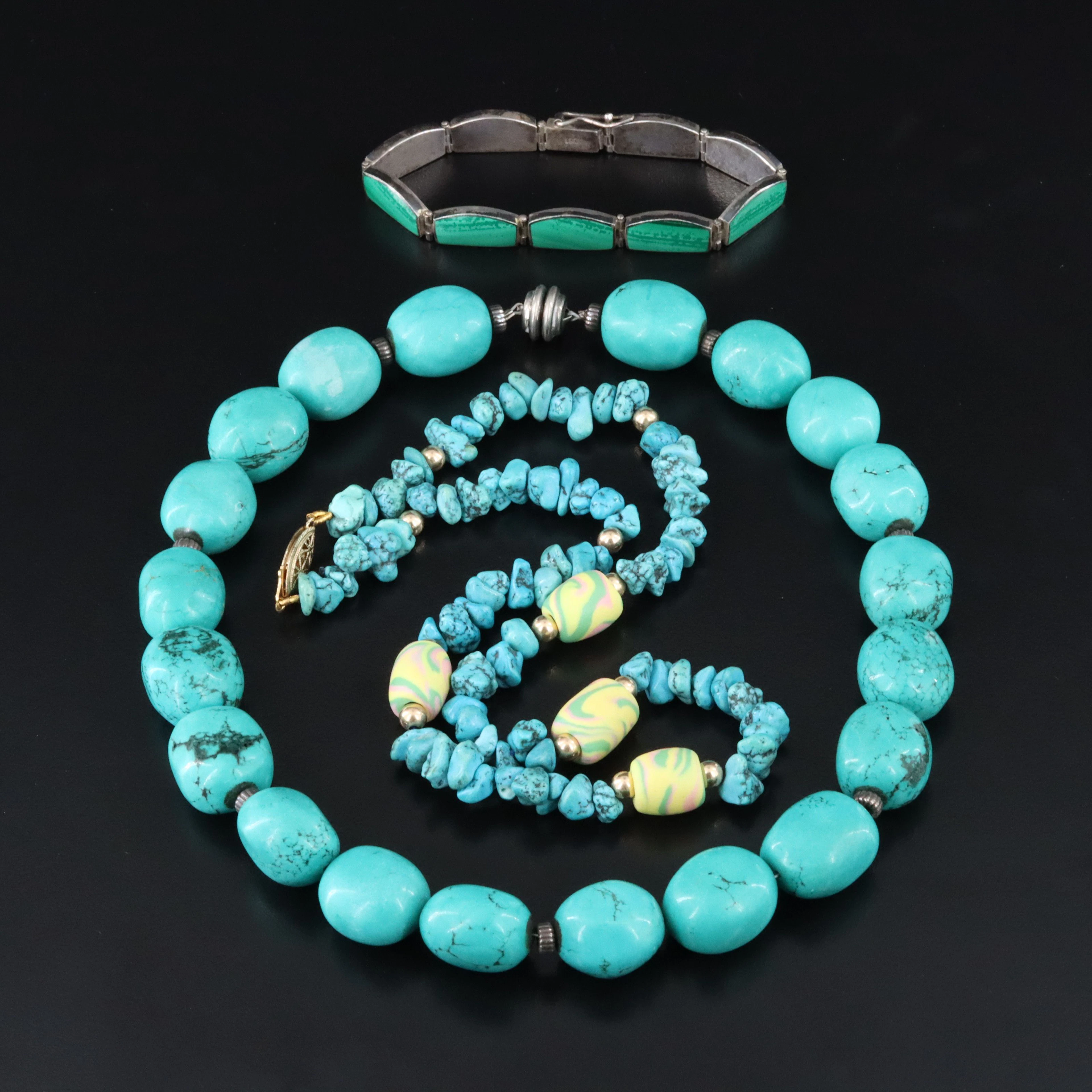 980 Silver Malachite Bracelet Featured with Necklaces Including Magnesite