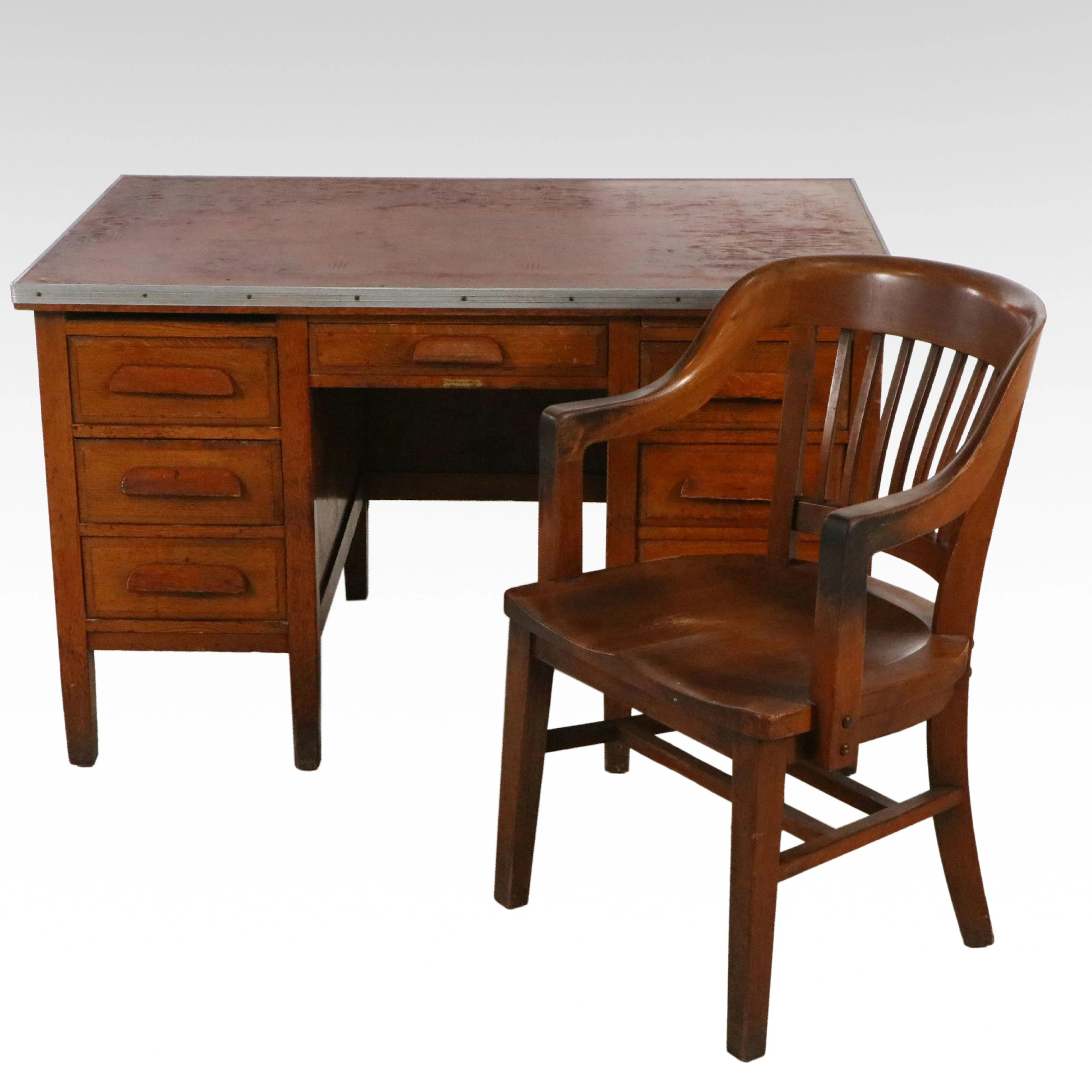 Oak Executive Double Pedestal Desk and Slatted Office Chair, Early