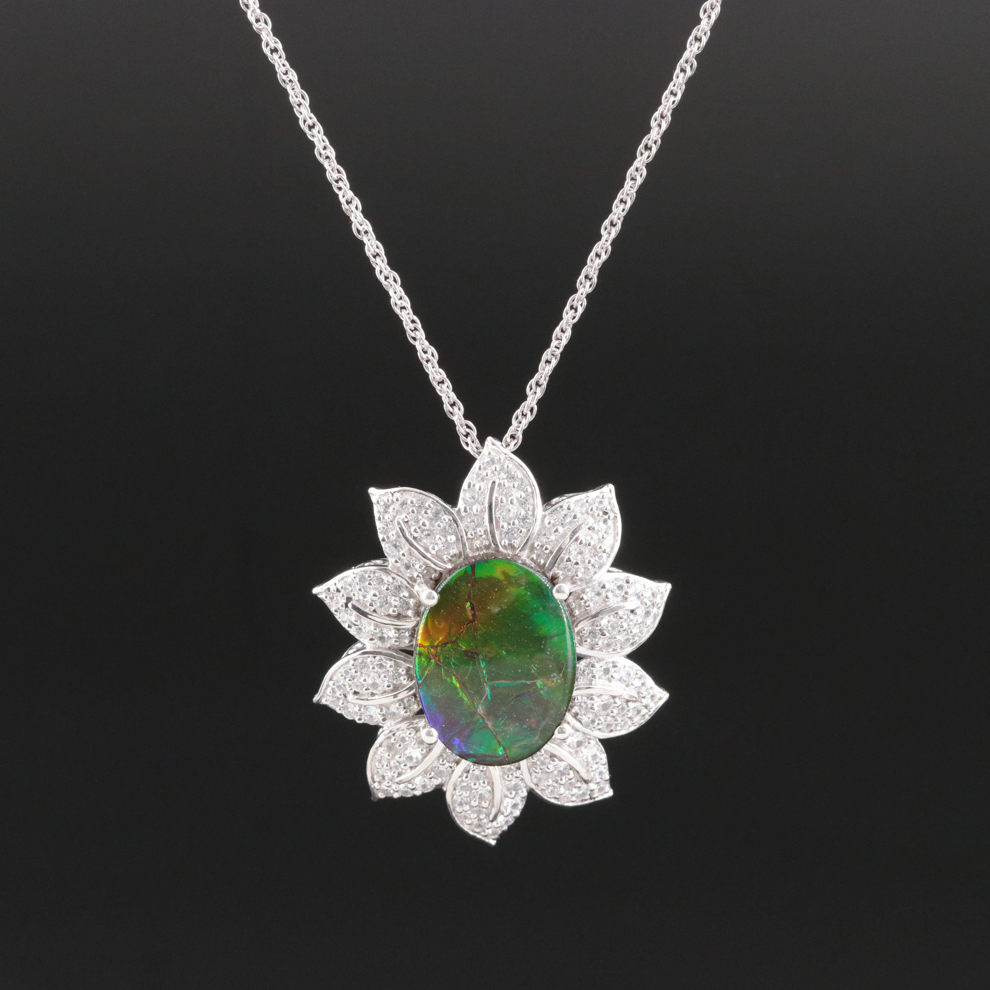 Sterling Ammolite Doublet and White Zircon Flower Pendant Necklace