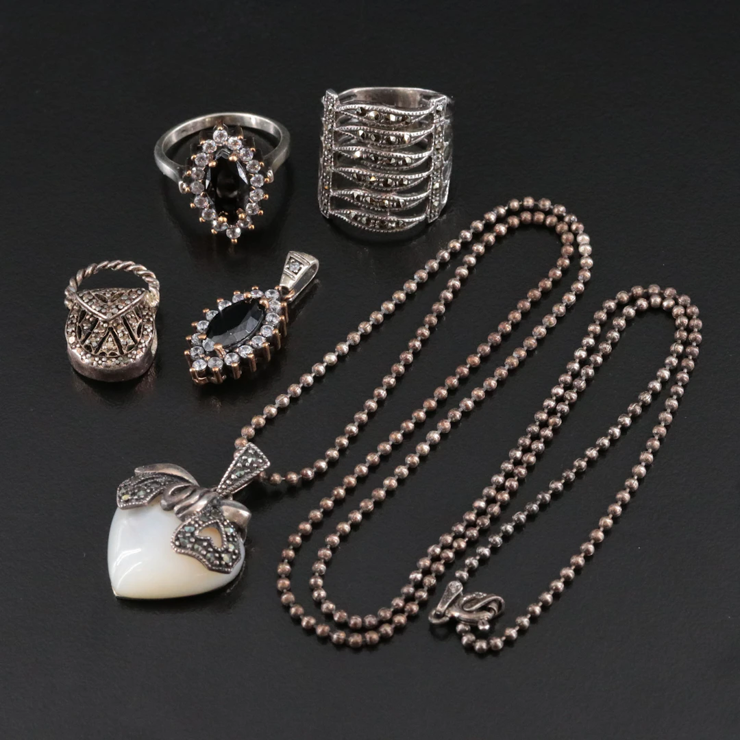 Sterling Necklace & Rings with Pendants Featuring Marcasite and Mother-of-Pearl