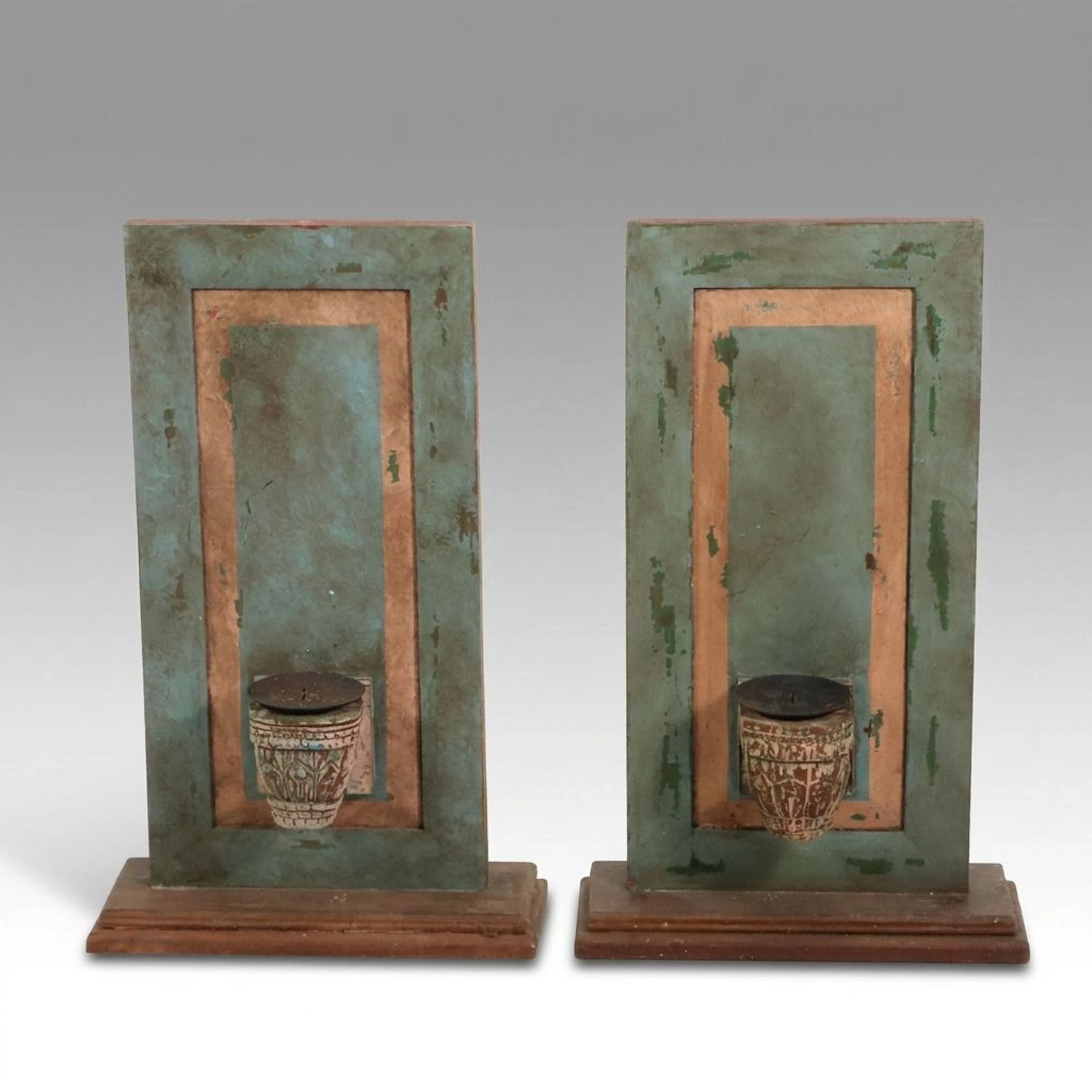 Polychrome Wooden Standing Candle Holders