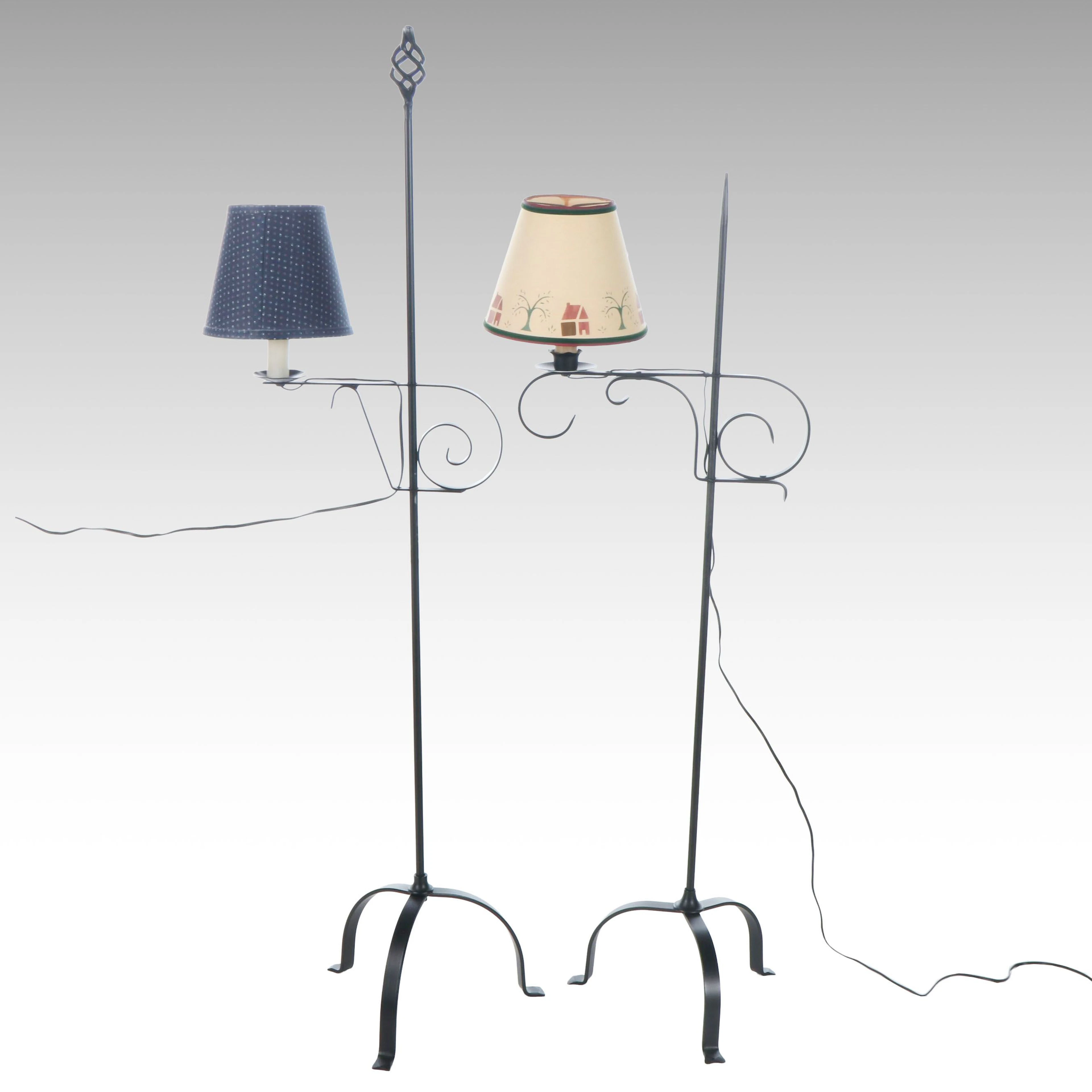 Pair of Colonial Style Iron Floor Lamps with Folk Art and Calico Shades