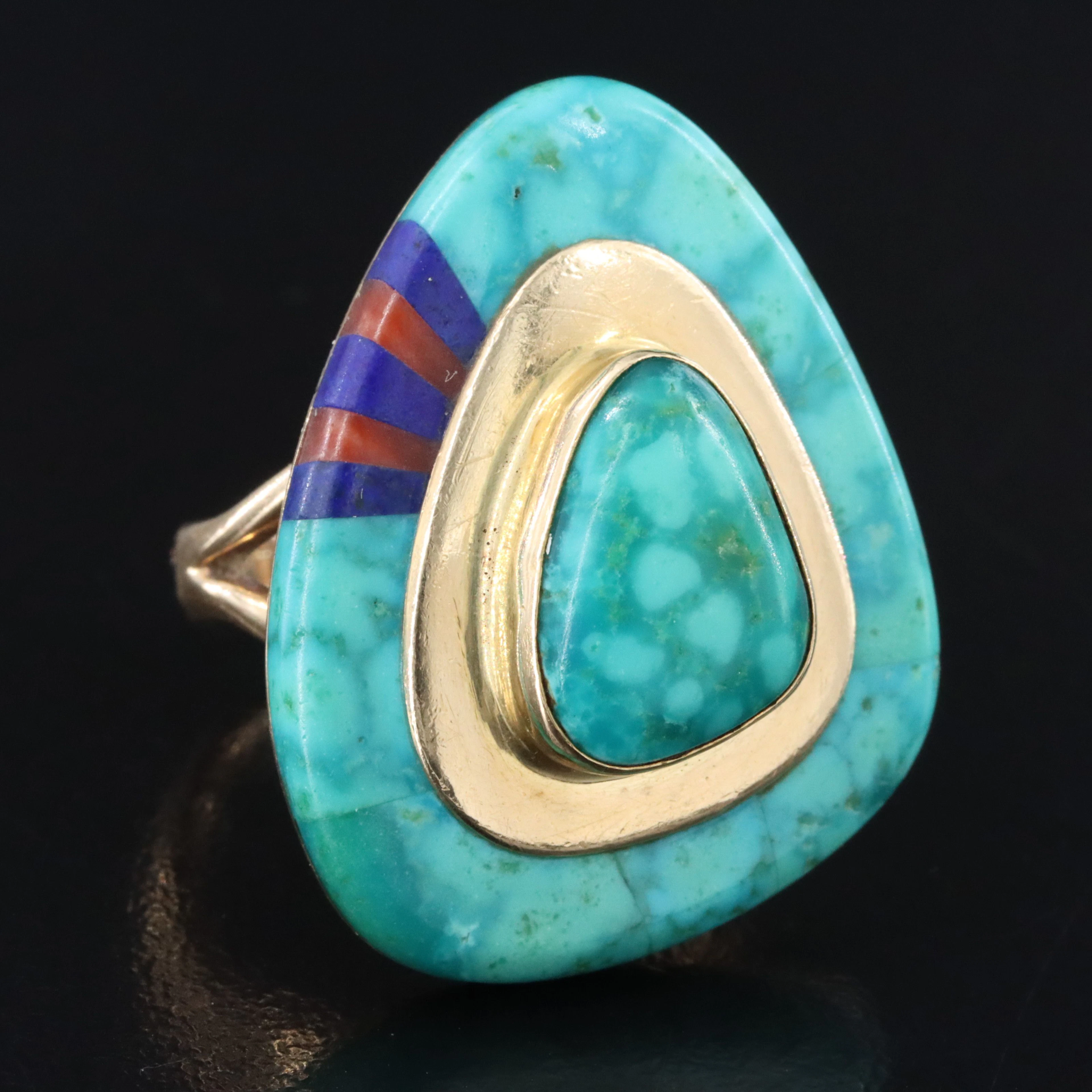 Michael R. Rogers, Paiute 18K Turquoise, Coral and Lapis Lazuli Ring