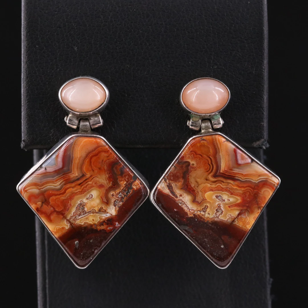 Milton Lee Navajo Diné Sterling Agate and Moonstone Earrings