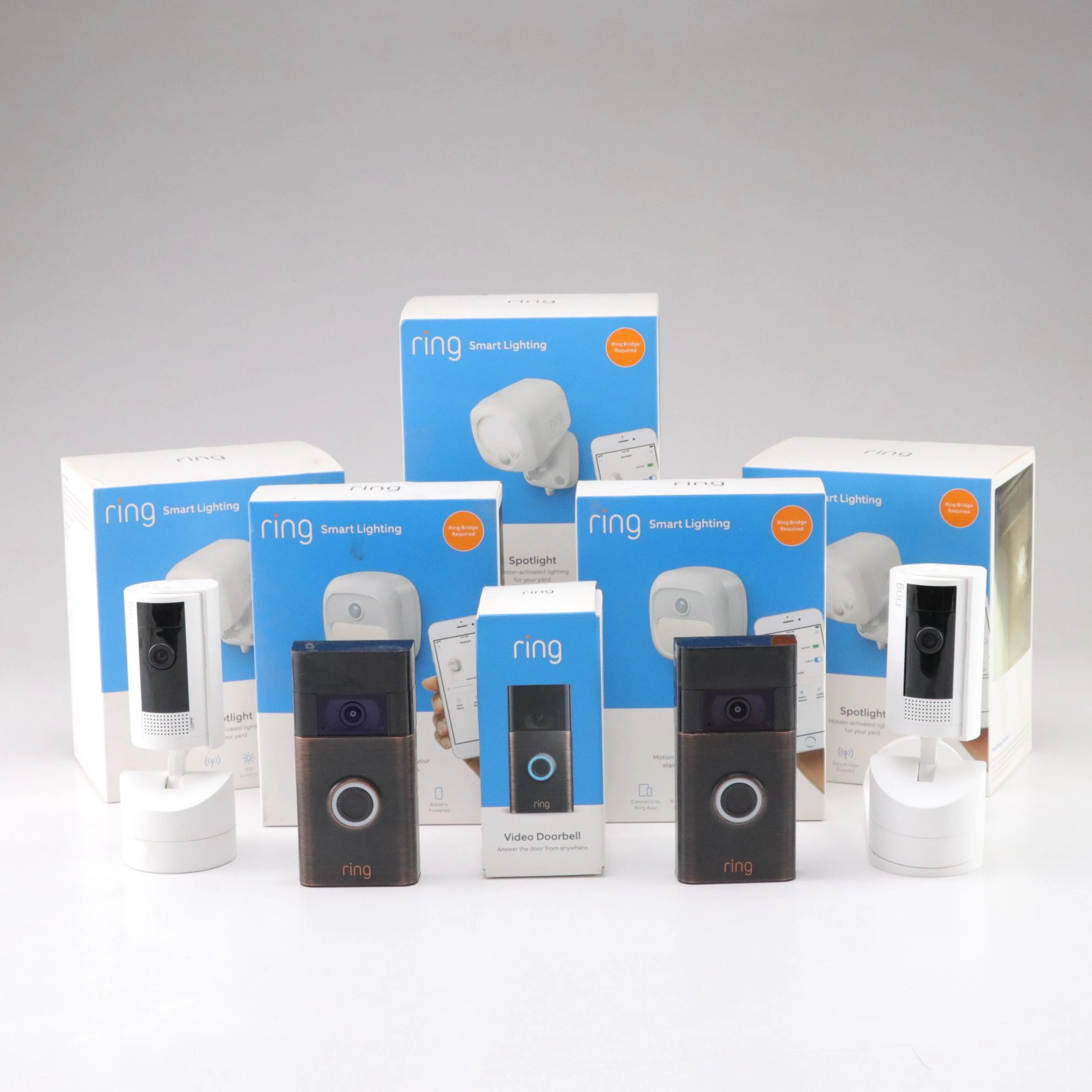 Three Ring Video Doorbells, Pan Tilt Indoor Cam, Spotlights, and Steplights