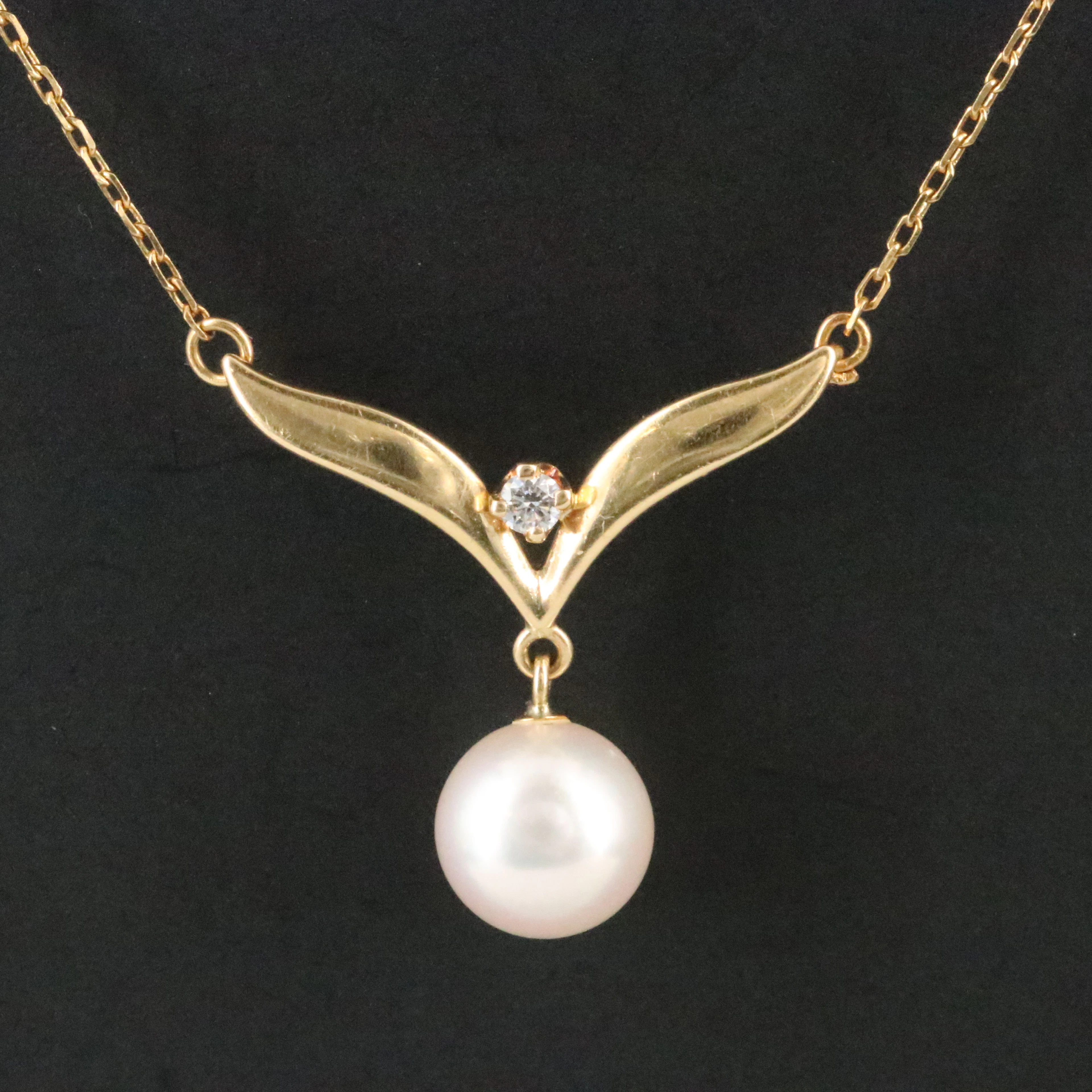 Mikimoto 18K Pearl and Diamond Chevron Drop Necklace