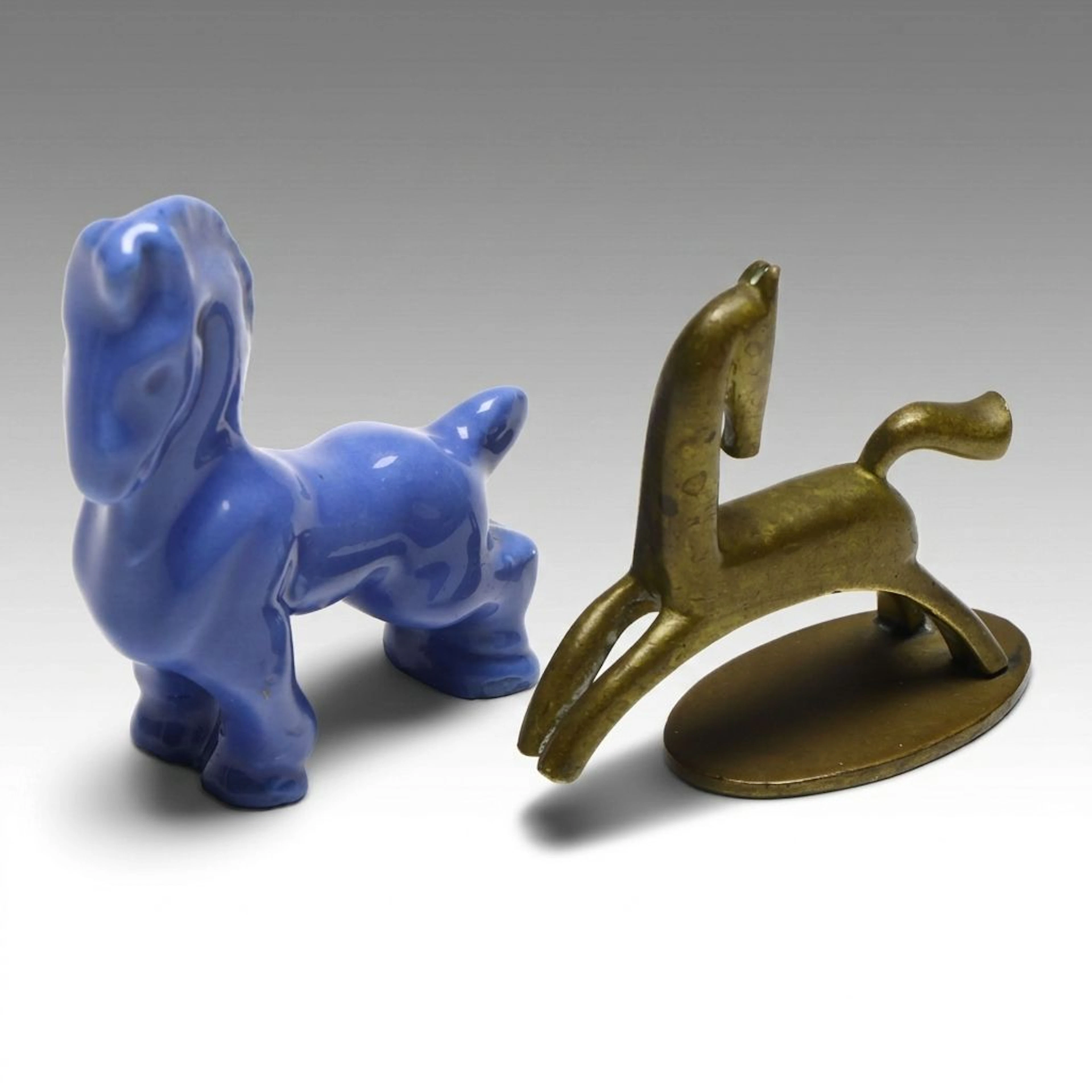 Werkstätte Hagenauer Wien Mid-Century Brass Horse with Other Blue Ceramic Horse