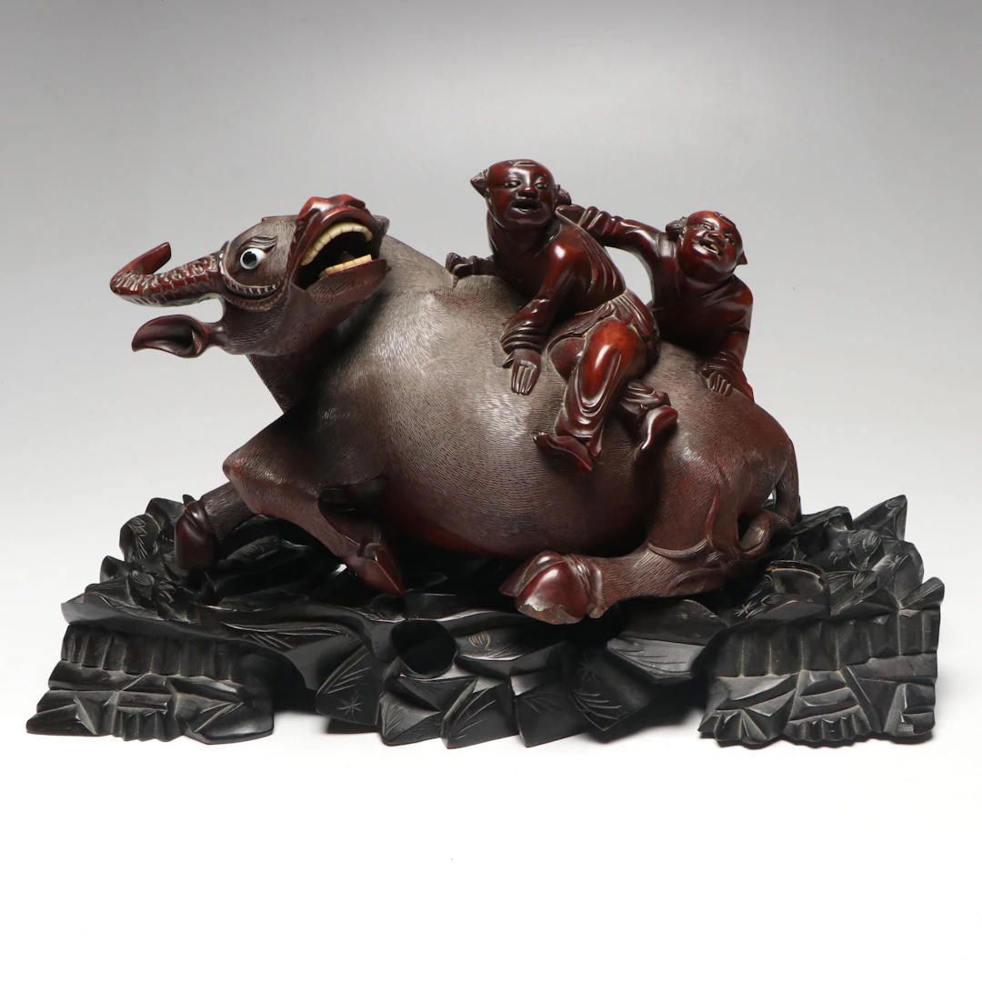 Chinese Carved Hardwood Sculpture of Children Riding Water Buffalo