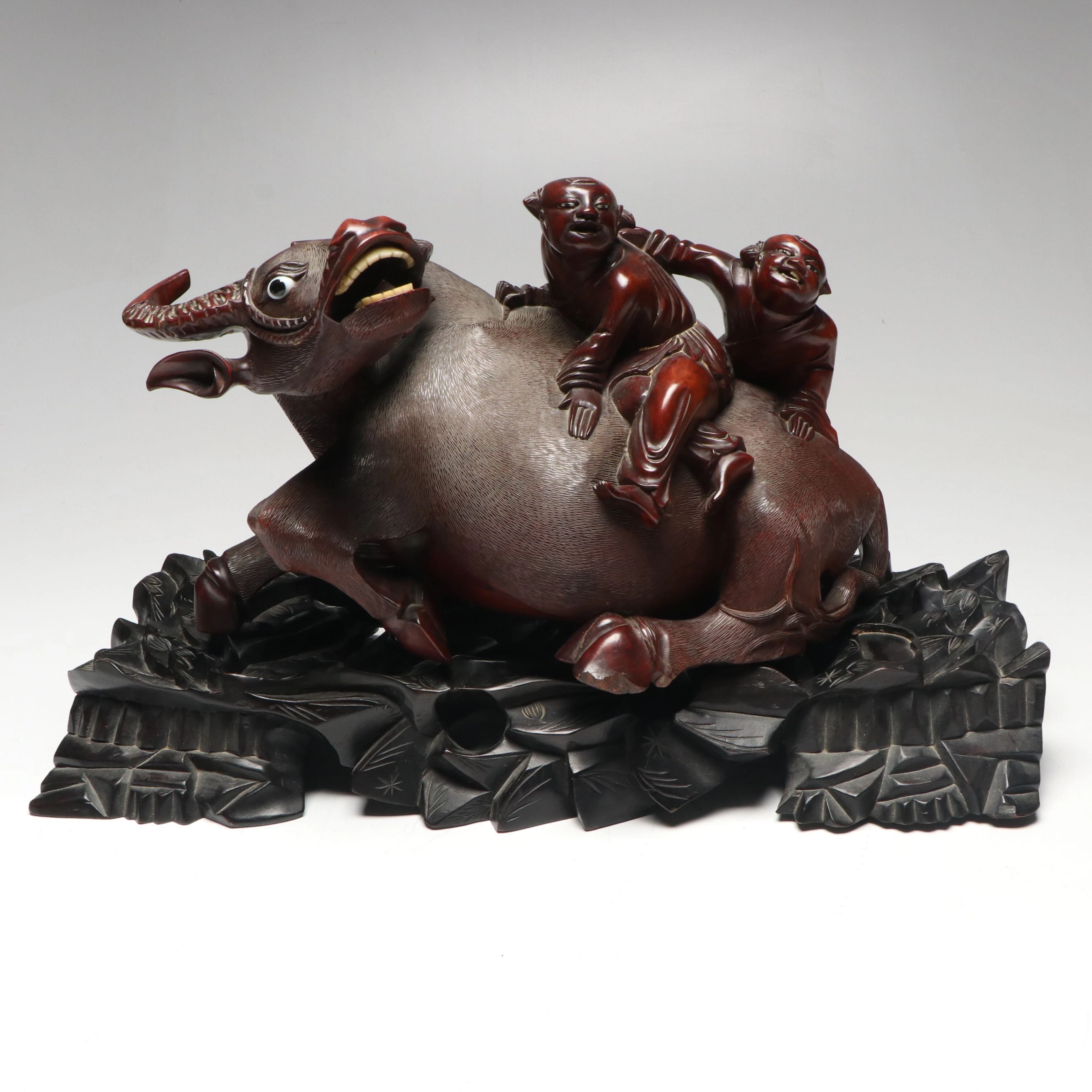 Chinese Carved Hardwood Sculpture of Children Riding Water Buffalo