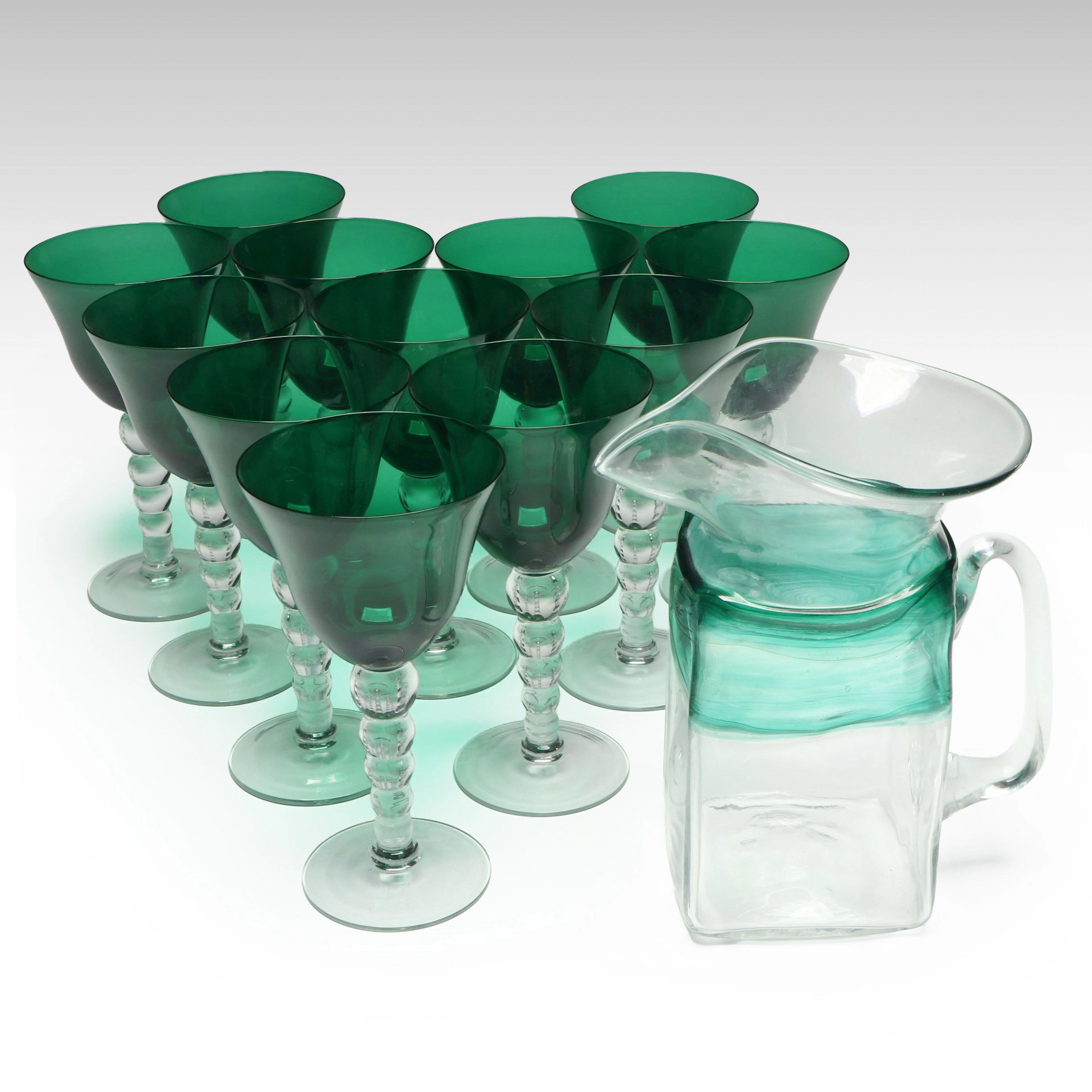 Handblown Glass Pitcher with Emerald Glass Goblets