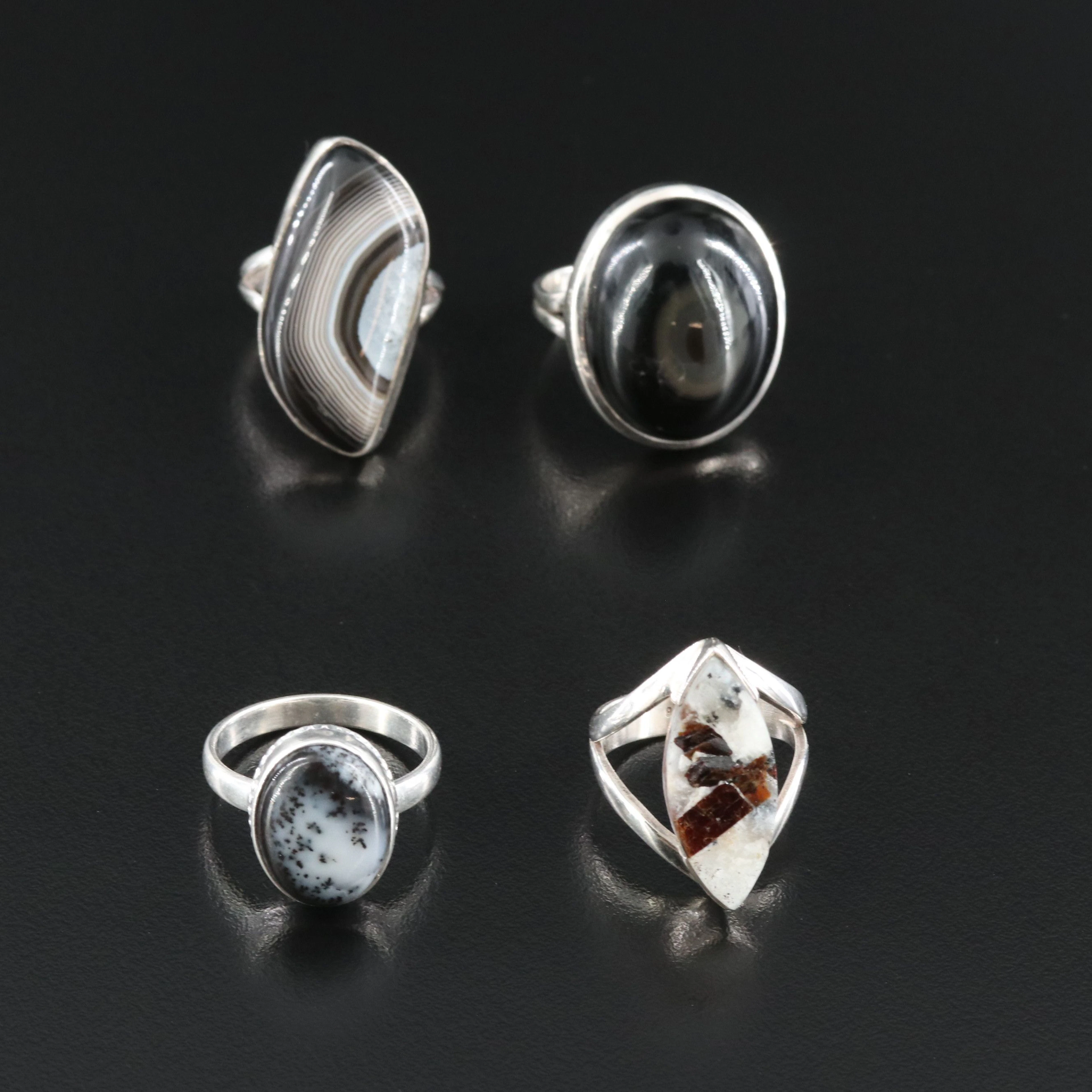 Sterling Rings with Agate, Astrophyllite, and Obsidian