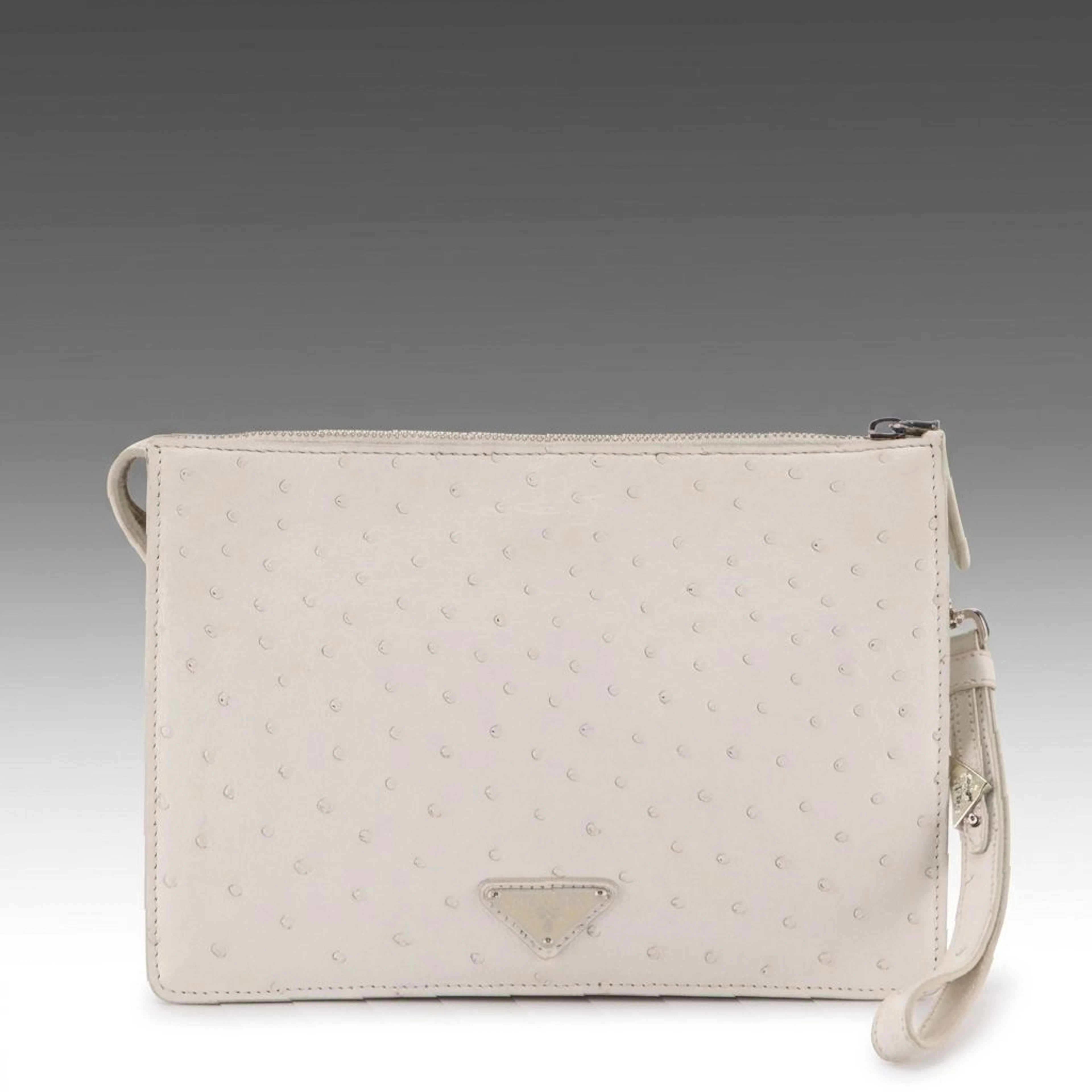 Prada Ostrich Leather Triangular Logo Plaque Wristlet Clutch
