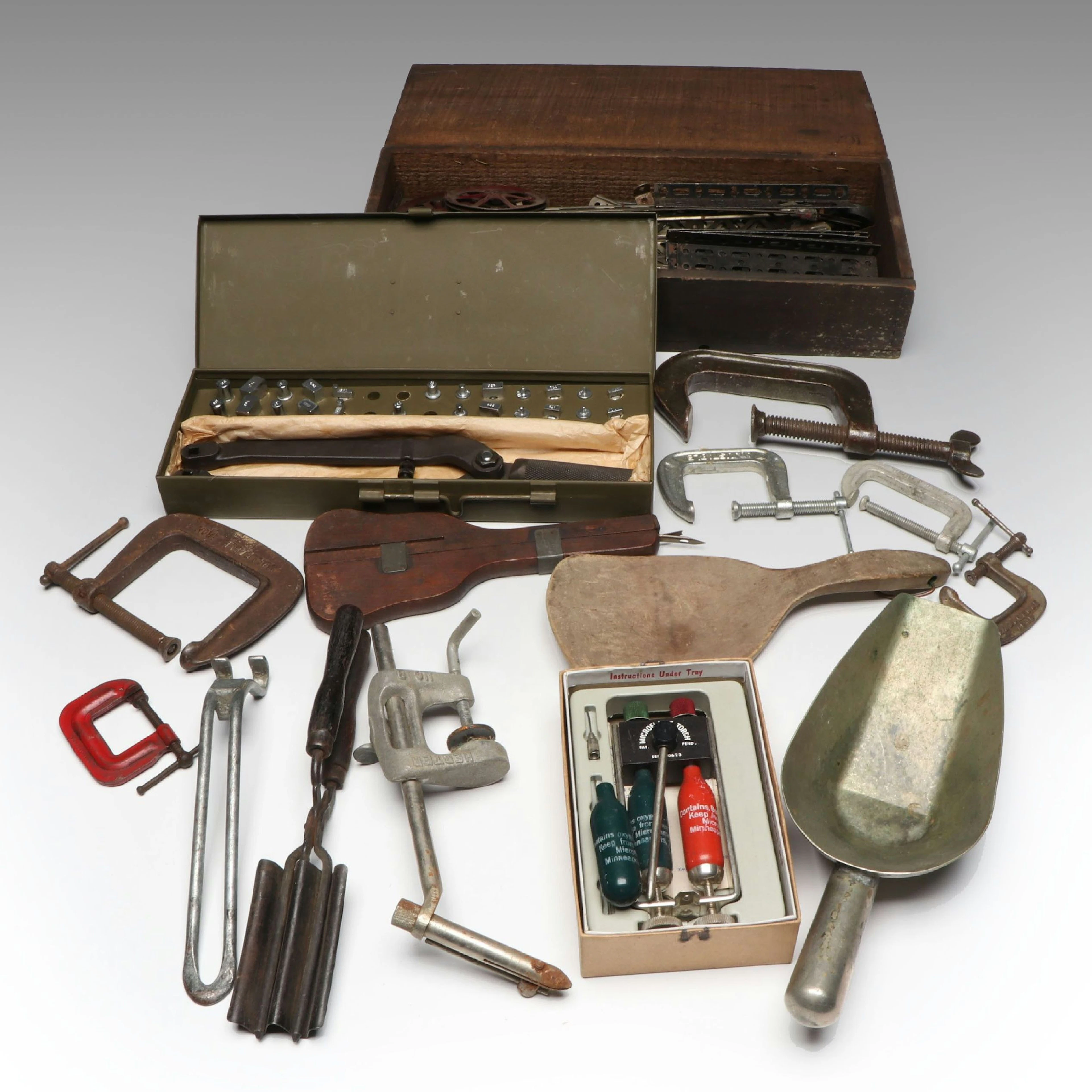 A.C. Gilbert Erector Toy with Spanner Wrench, Scoops, and More Vintage Tools