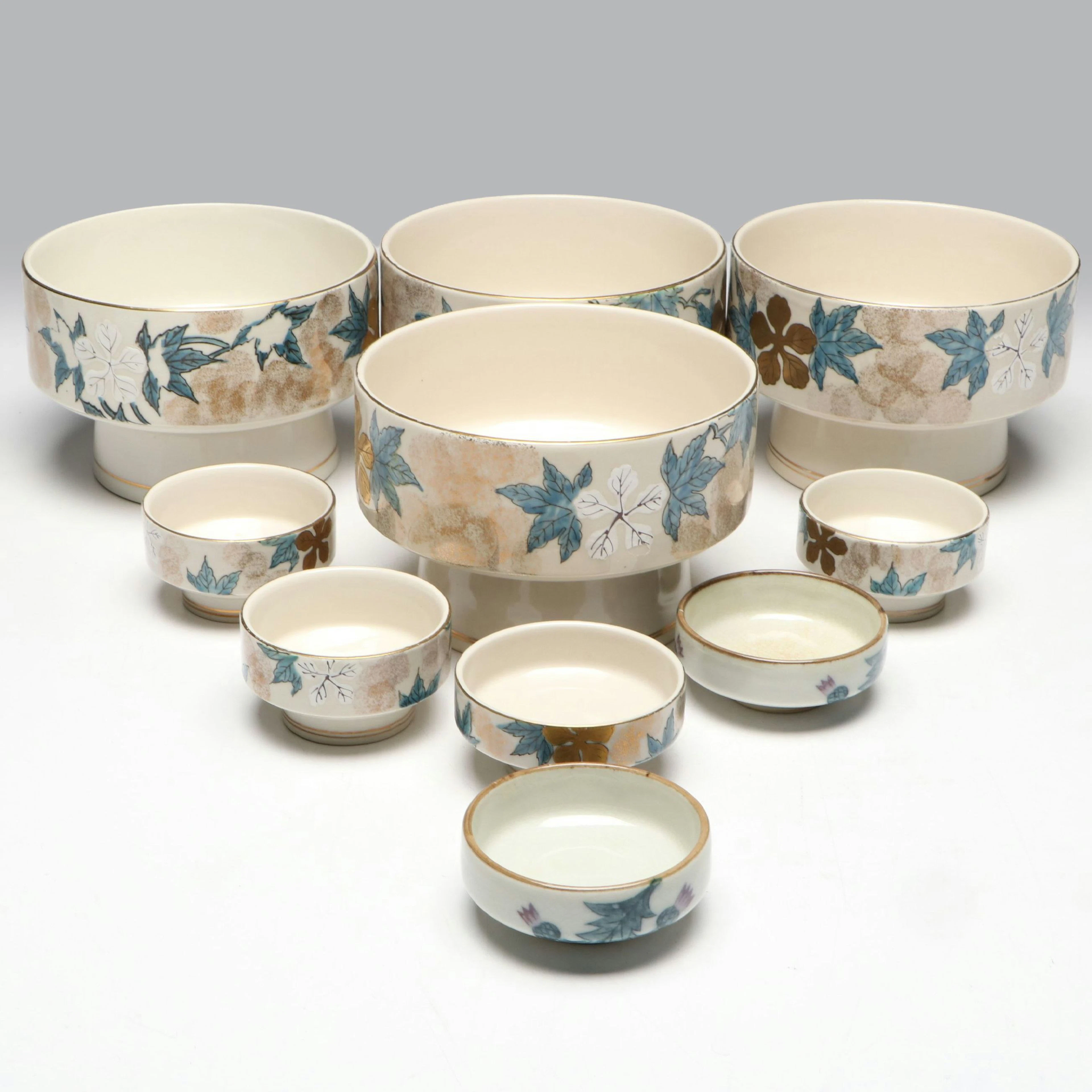 Japanese Blue Maple Leaf Porcelain Dishes and Footed Bowls, Early 20th Century