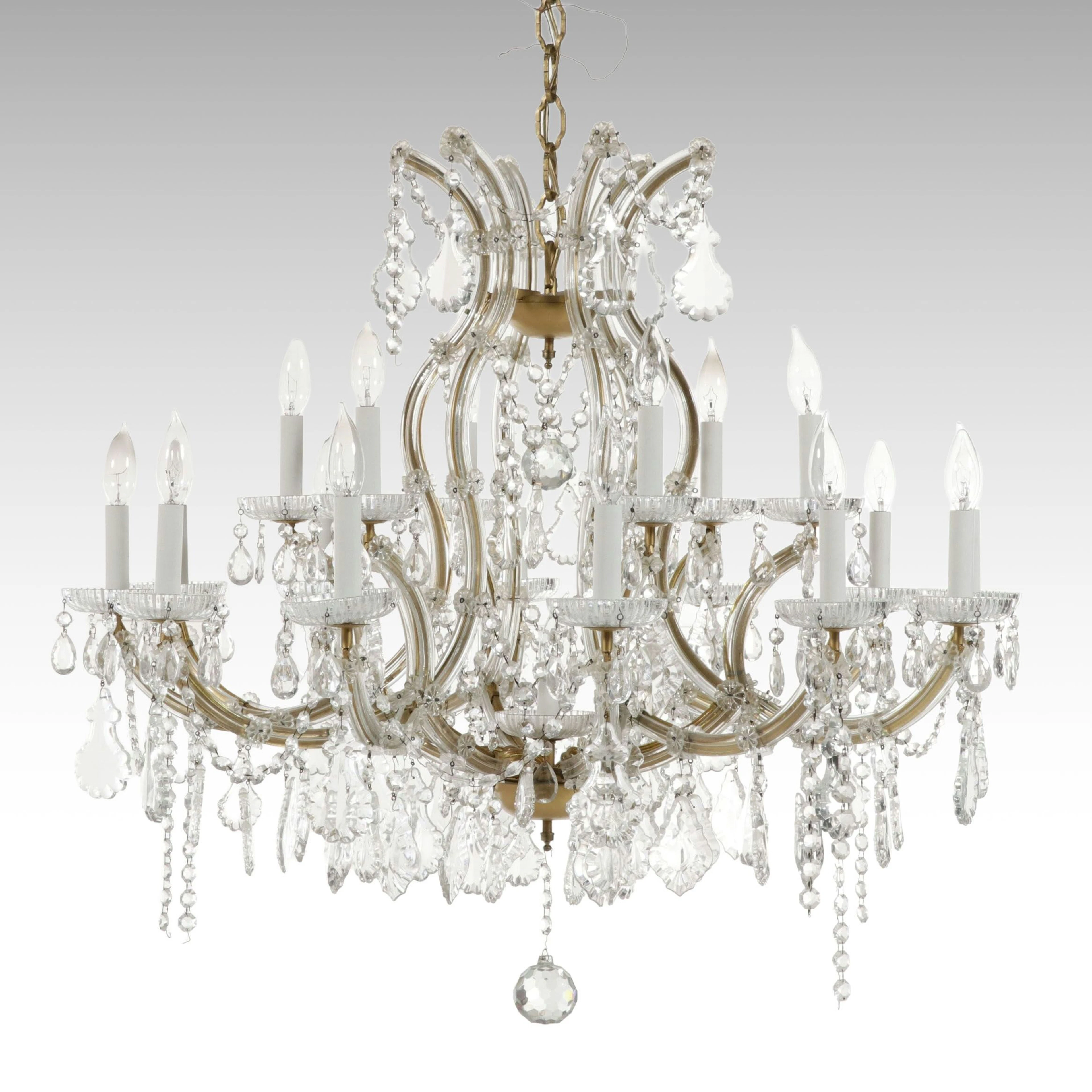 Hollywood Regency Twelve-Arm Satin Gold and Glass Crystal Chandelier