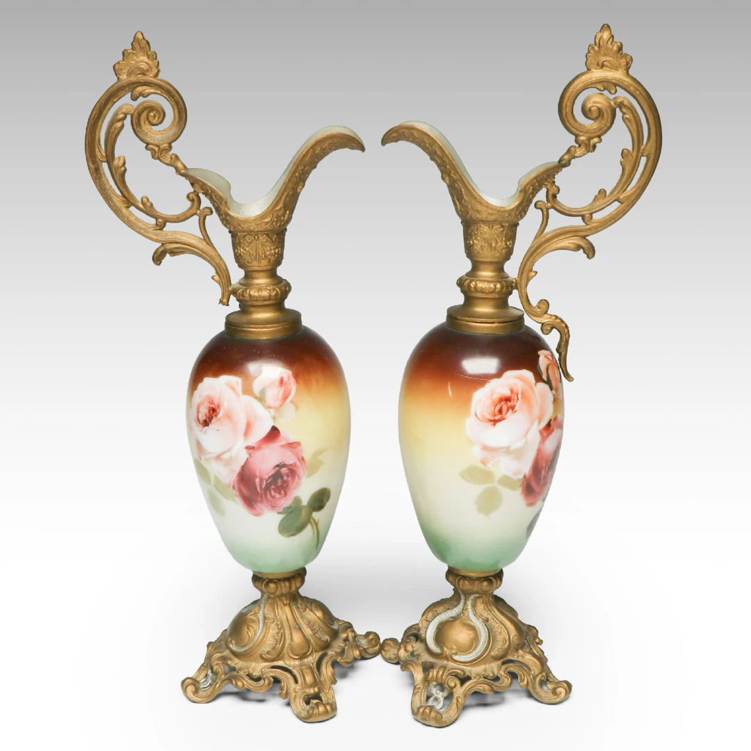 Pair of Antique Hand-Painted Porcelain Ewer Pitchers
