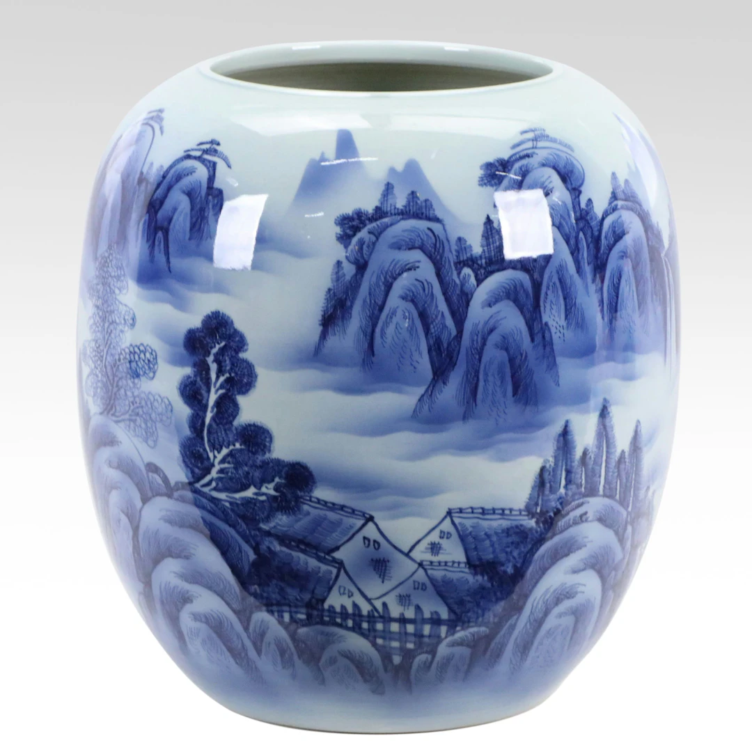 Chinese Blue and White Porcelain Landscape Ovoid Jar