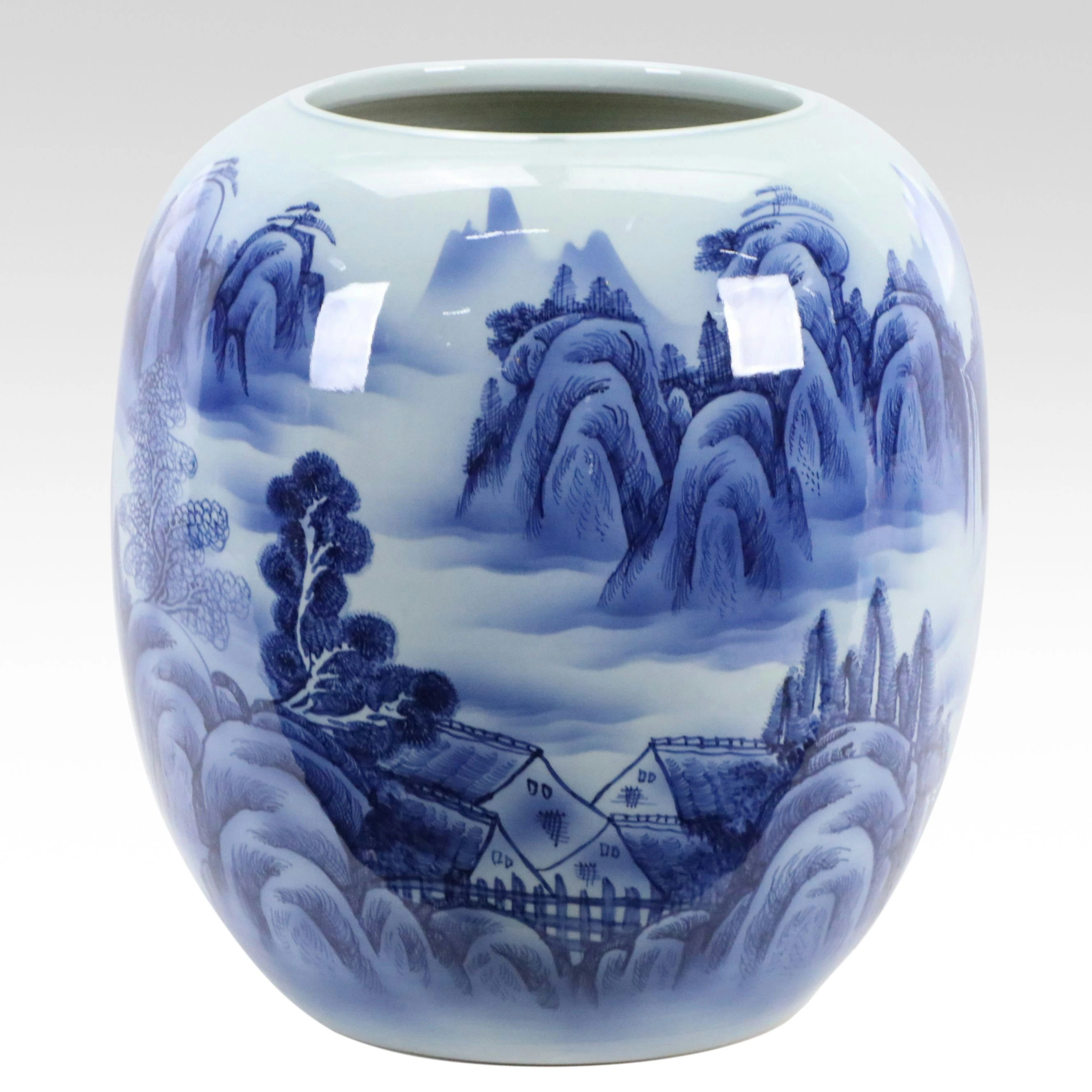 Chinese Blue and White Porcelain Landscape Ovoid Jar