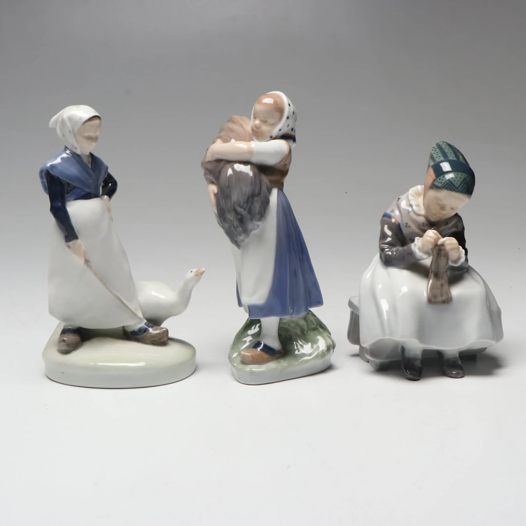 Royal Copenhagen "Girl with Sheaf," "Goose Girl" and "Woman Knitting" Figurines