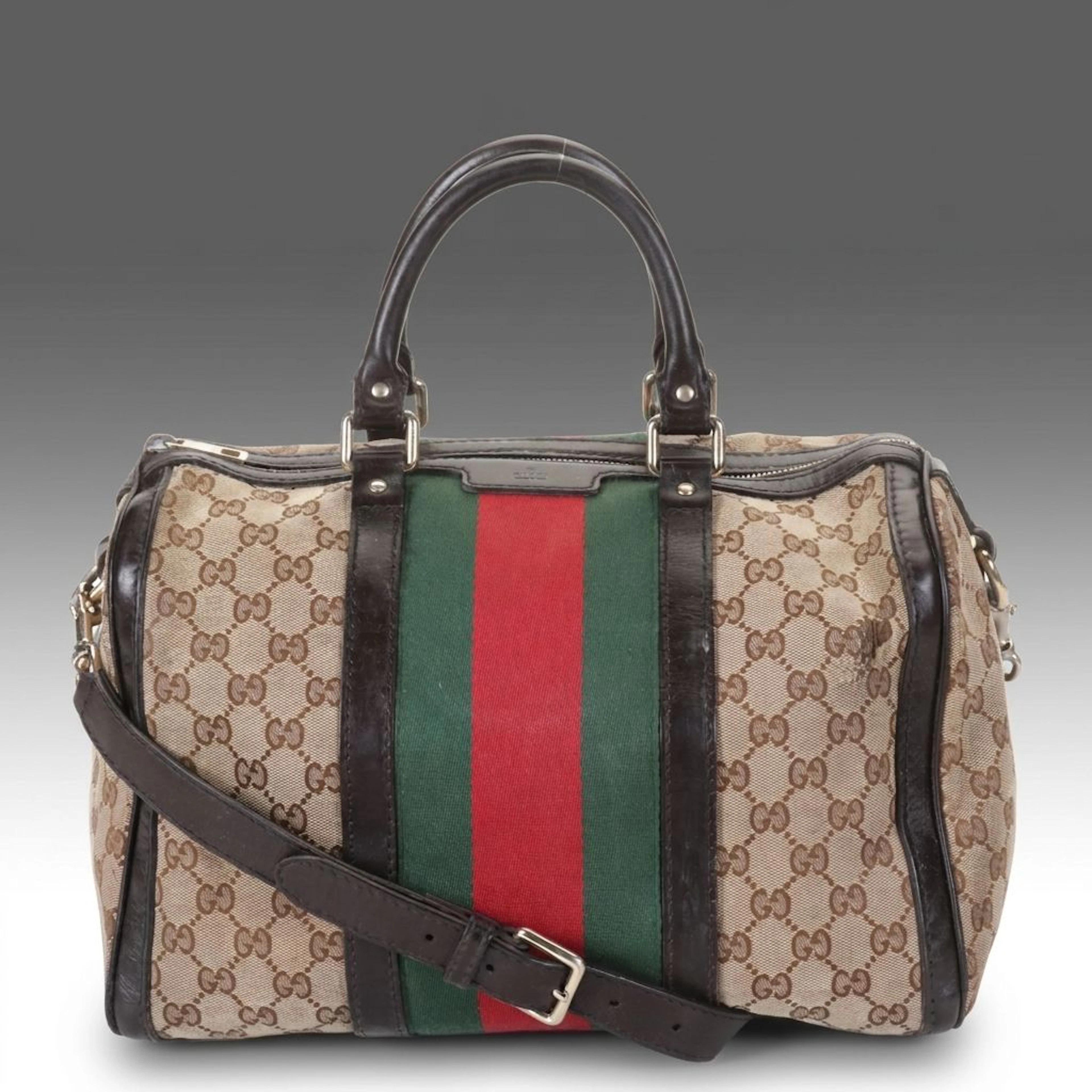 Gucci Web Striped Two-Way Boston Bag in GG Canvas and Leather