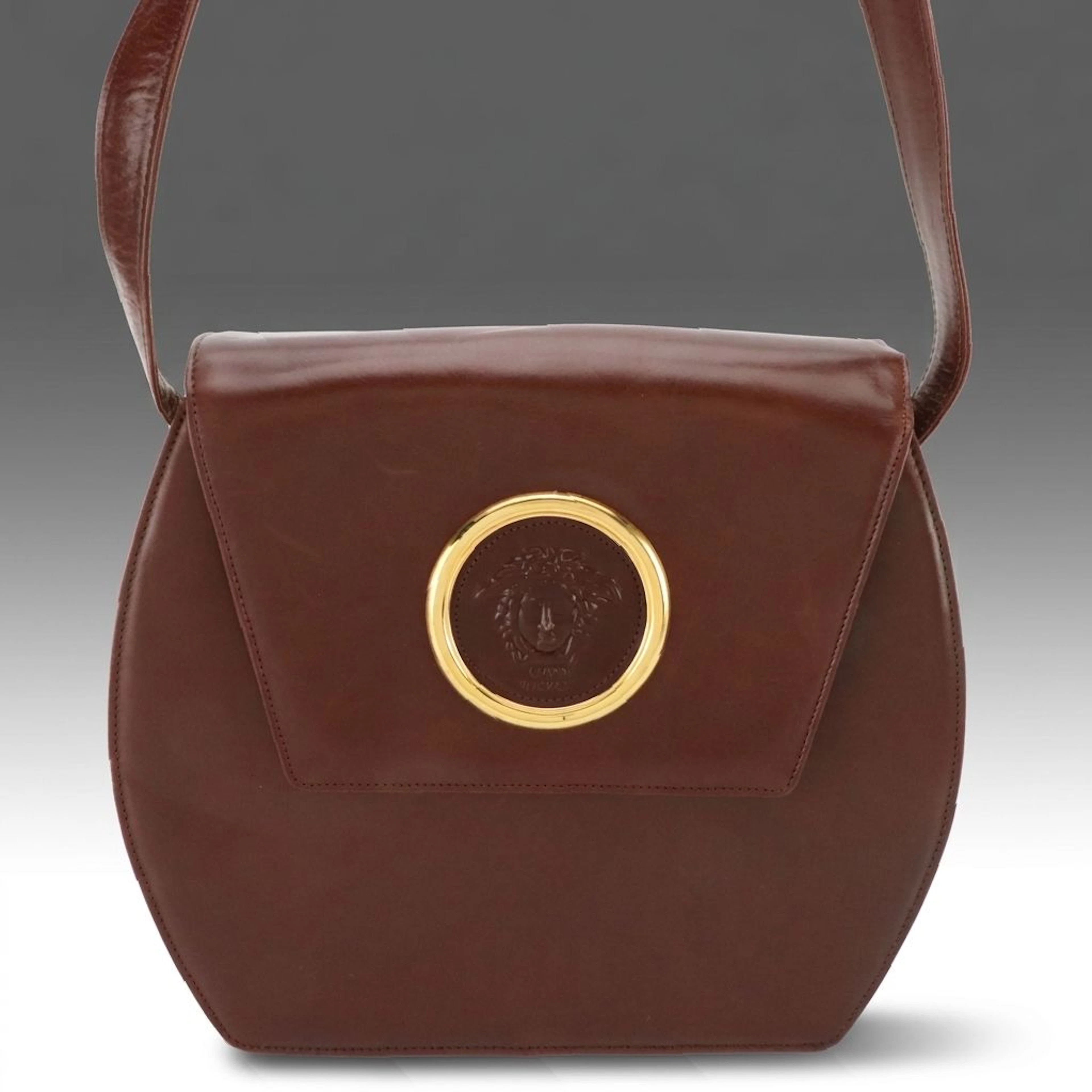 Gianni Versace Medusa Medallion Flap Saddle Bag in Burgundy Leather