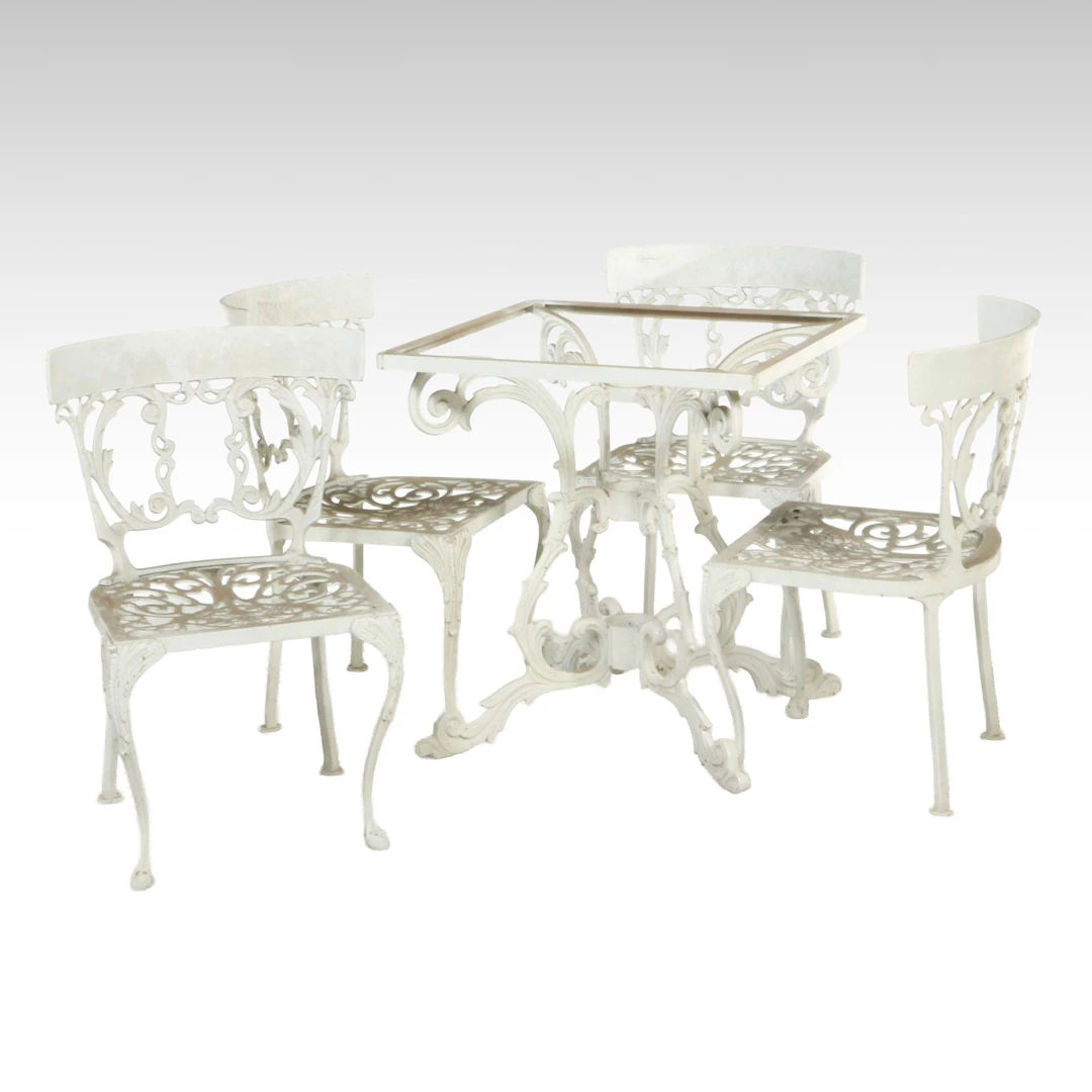 Five Piece Hollywood Regency Style Painted Cast Iron Dining Set, Mid-20th C.