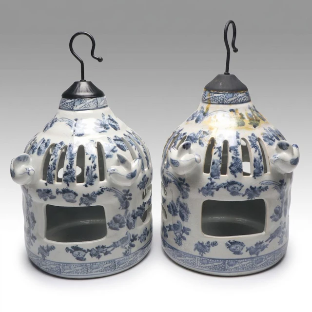 Pair of Blue and White Ceramic Hanging Candle Lanterns