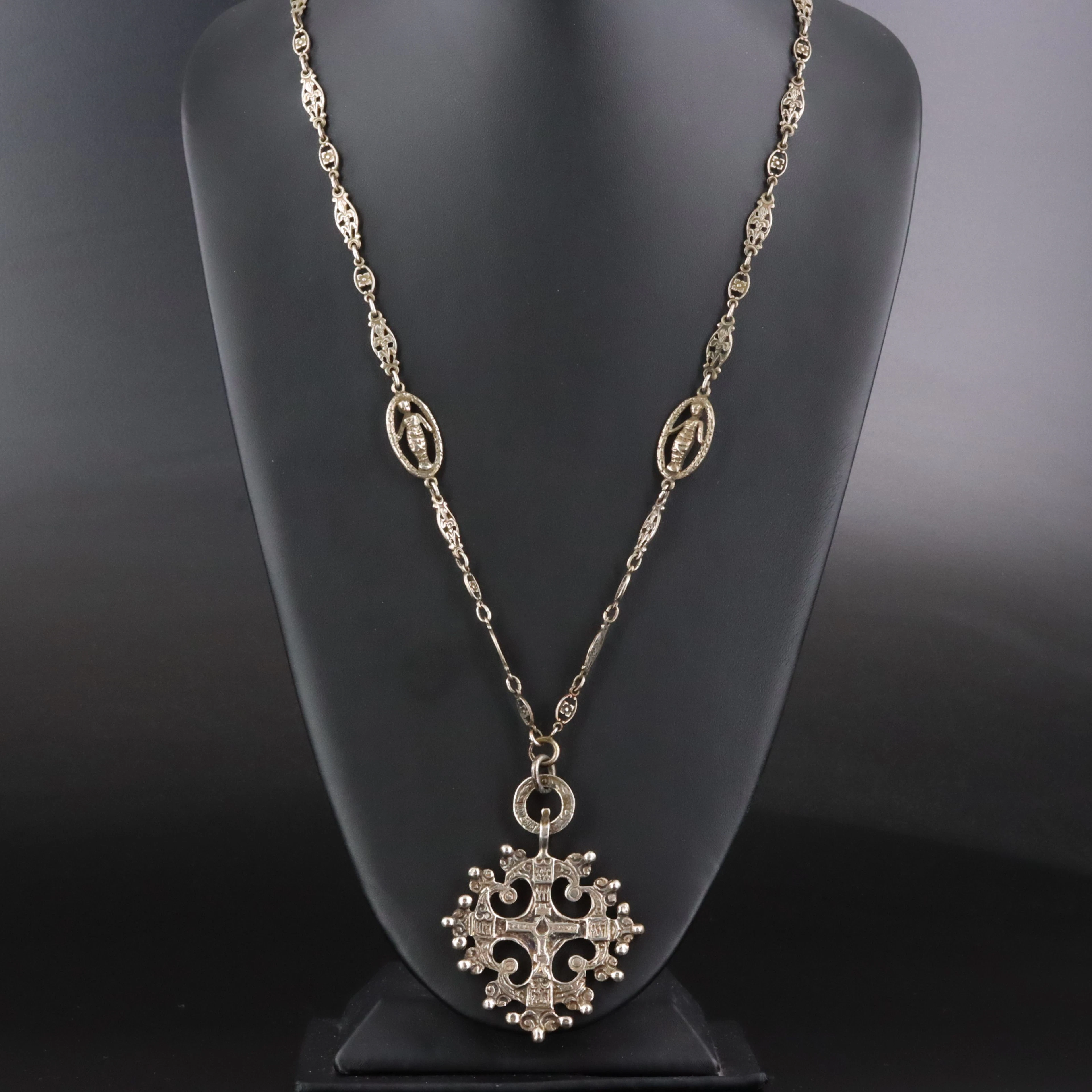 Vintage Italian Renaissance Revival 800 Silver Cross Necklace