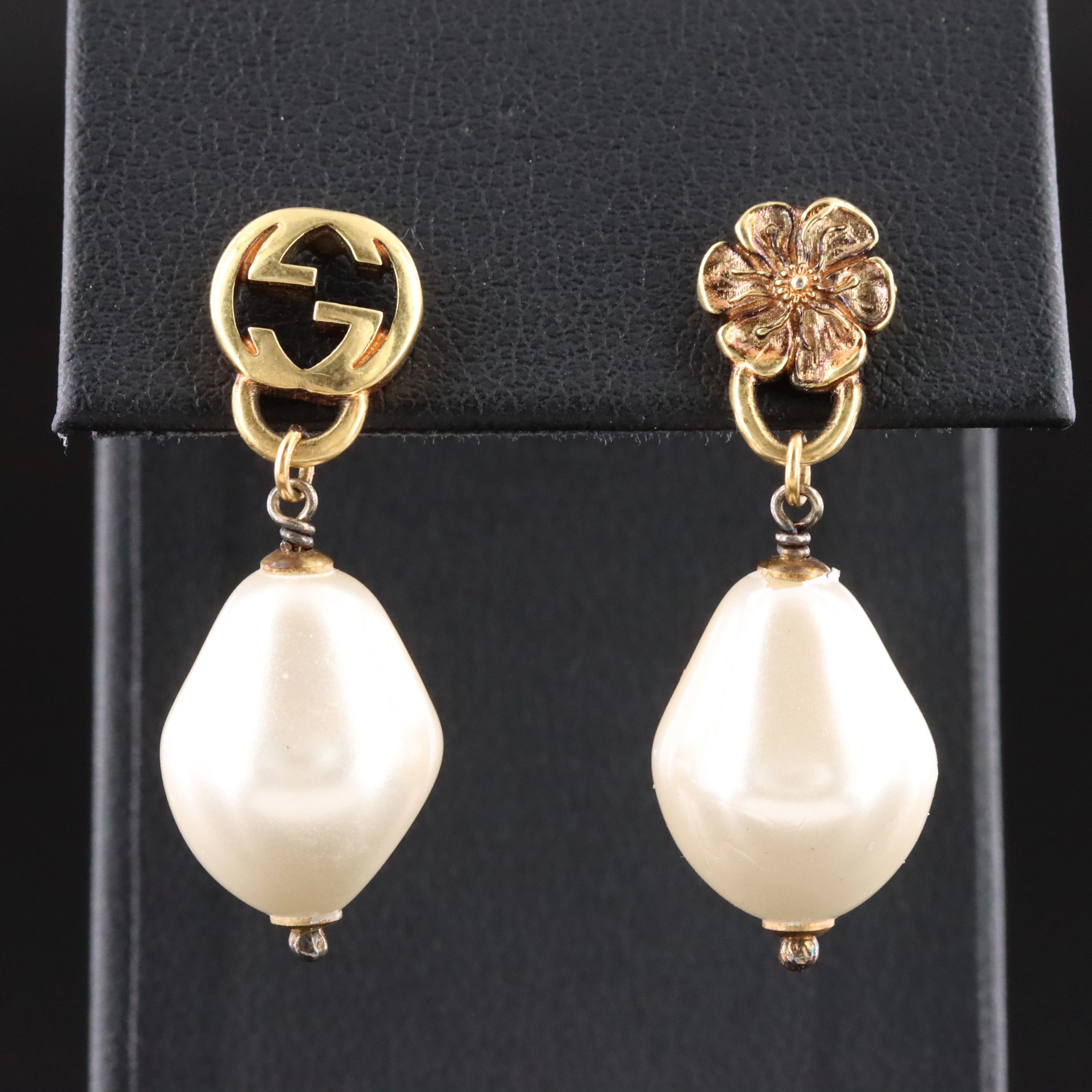 Gucci GG Flower and Faux Pearl Drop Earrings