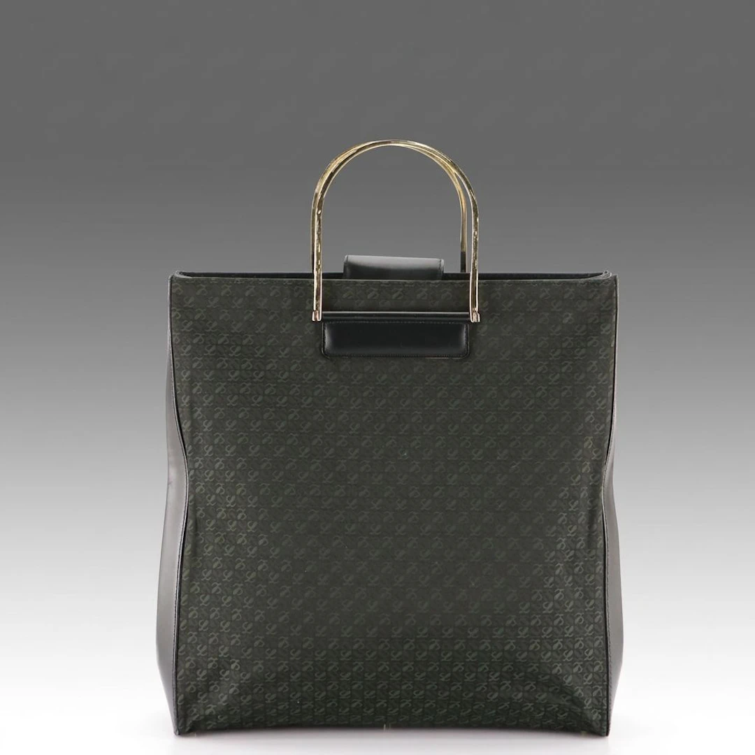 Loewe Tote Bag in Green Monogram Canvas and Black Leather with Gold Handles