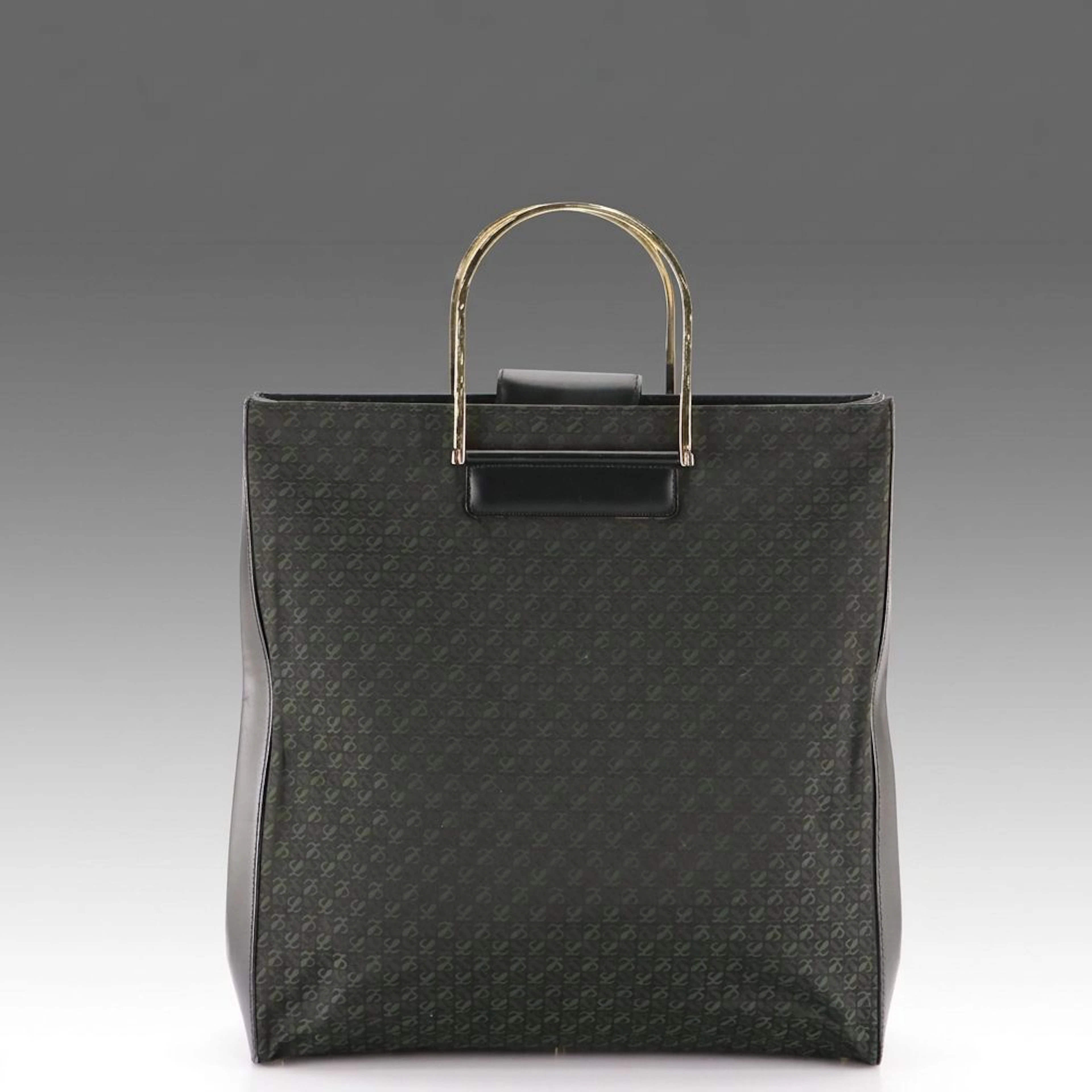 Loewe Tote Bag in Green Monogram Canvas and Black Leather with Gold Handles