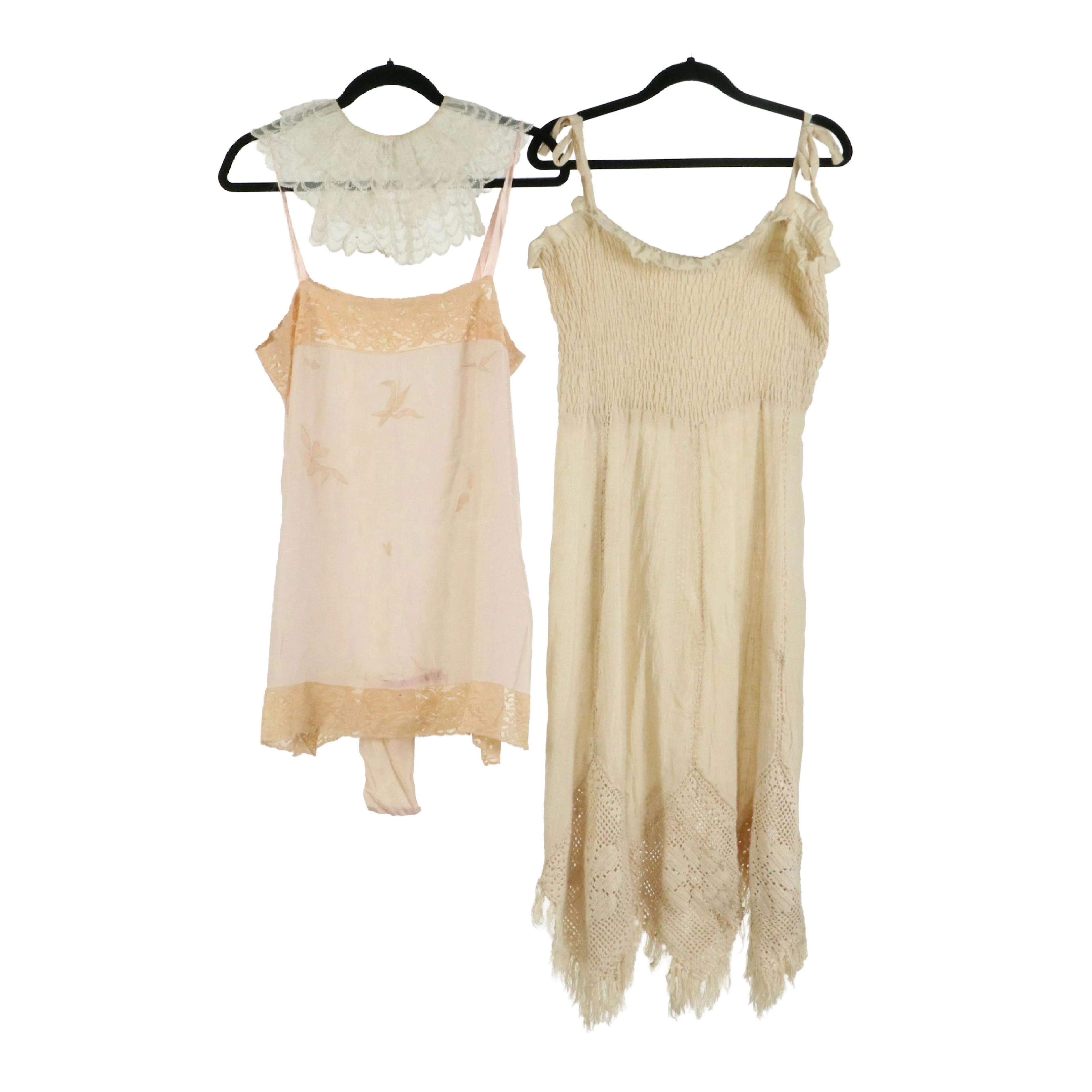 Vintage Silk Appliqué Chemise, Crochet Sleeveless Smocked Dress, and