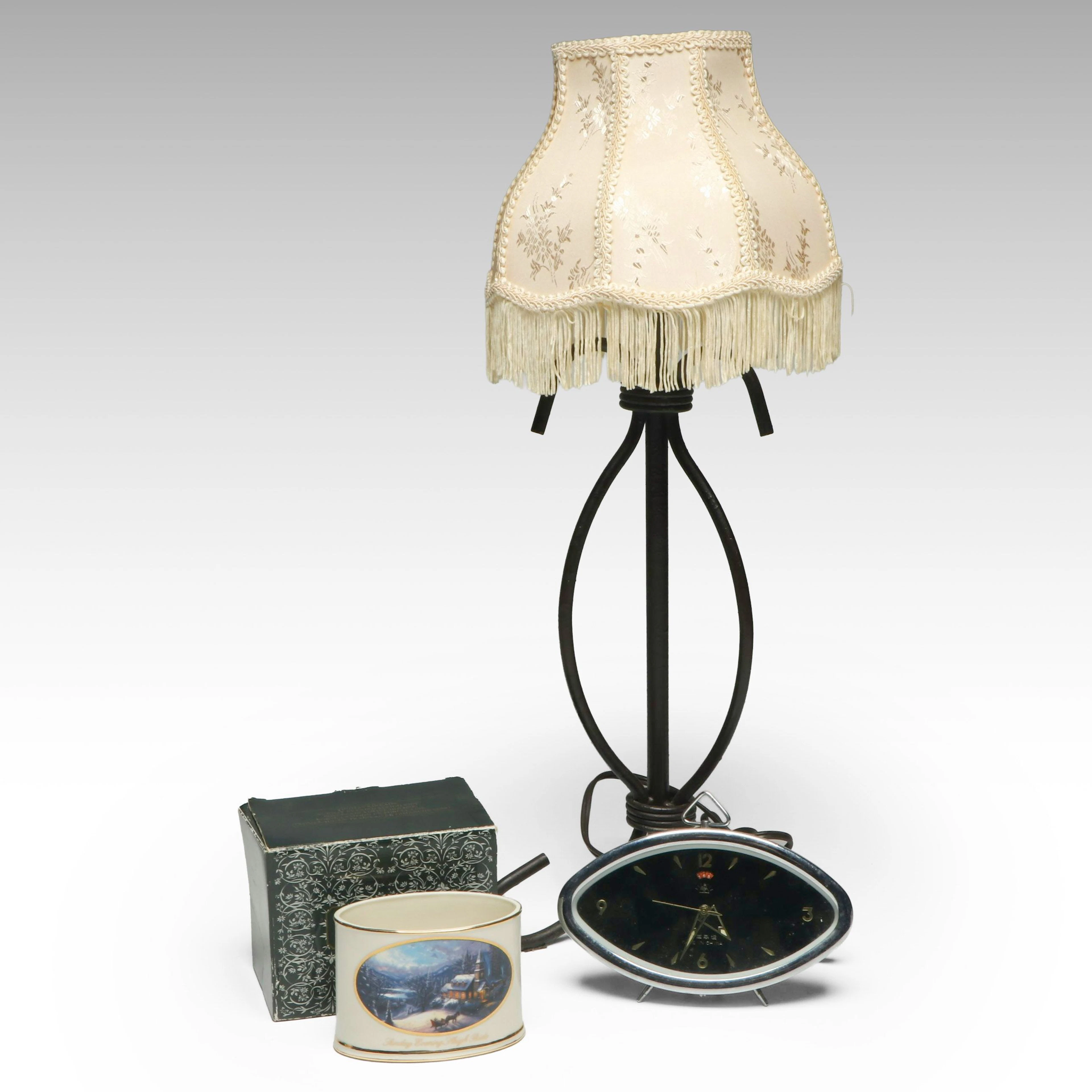 Wrought Iron Table Lamp with Victorian Style Fringed Shade and More Table Décor