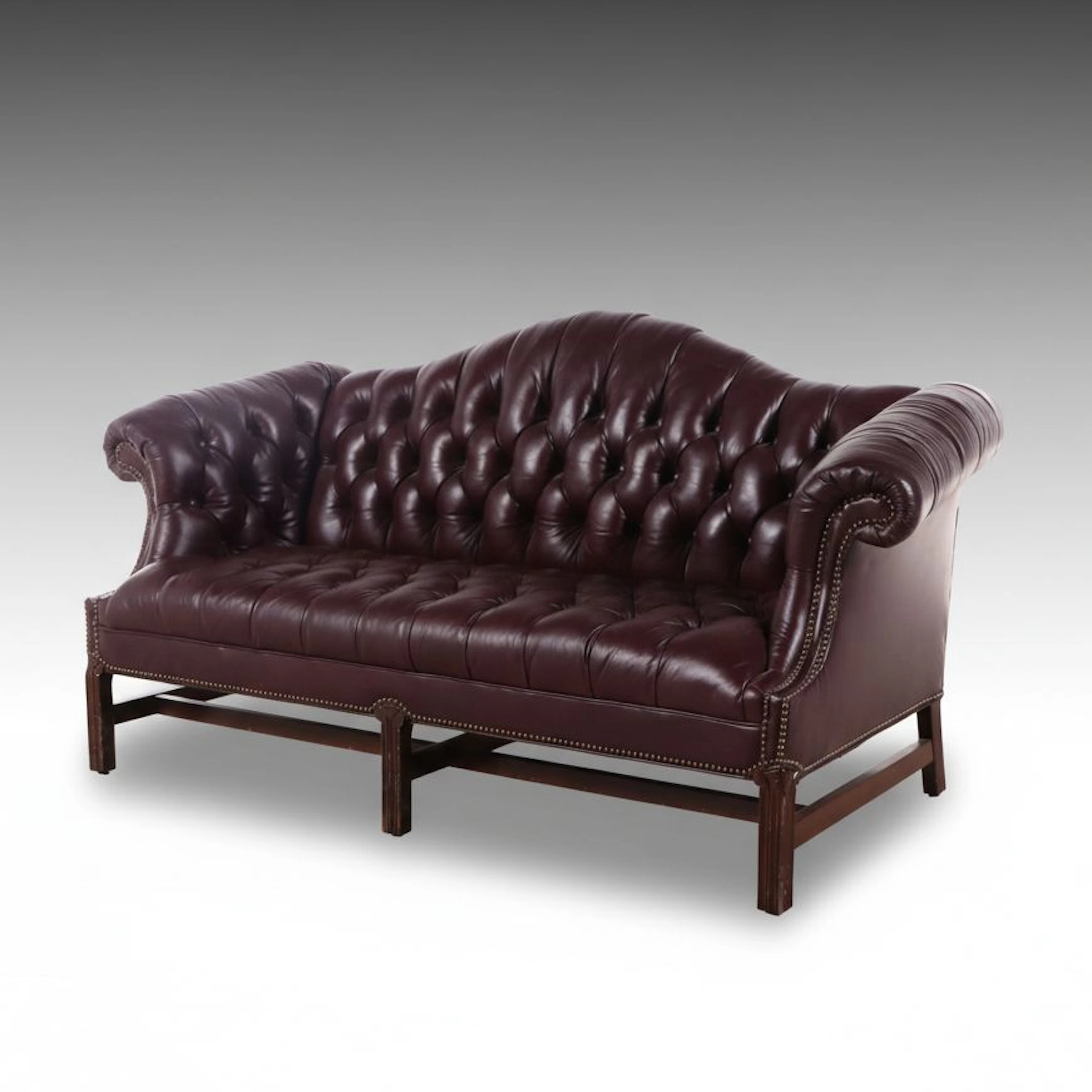 North Hickory Furniture Chippendale Style Tufted Faux Leather Camelback Sofa