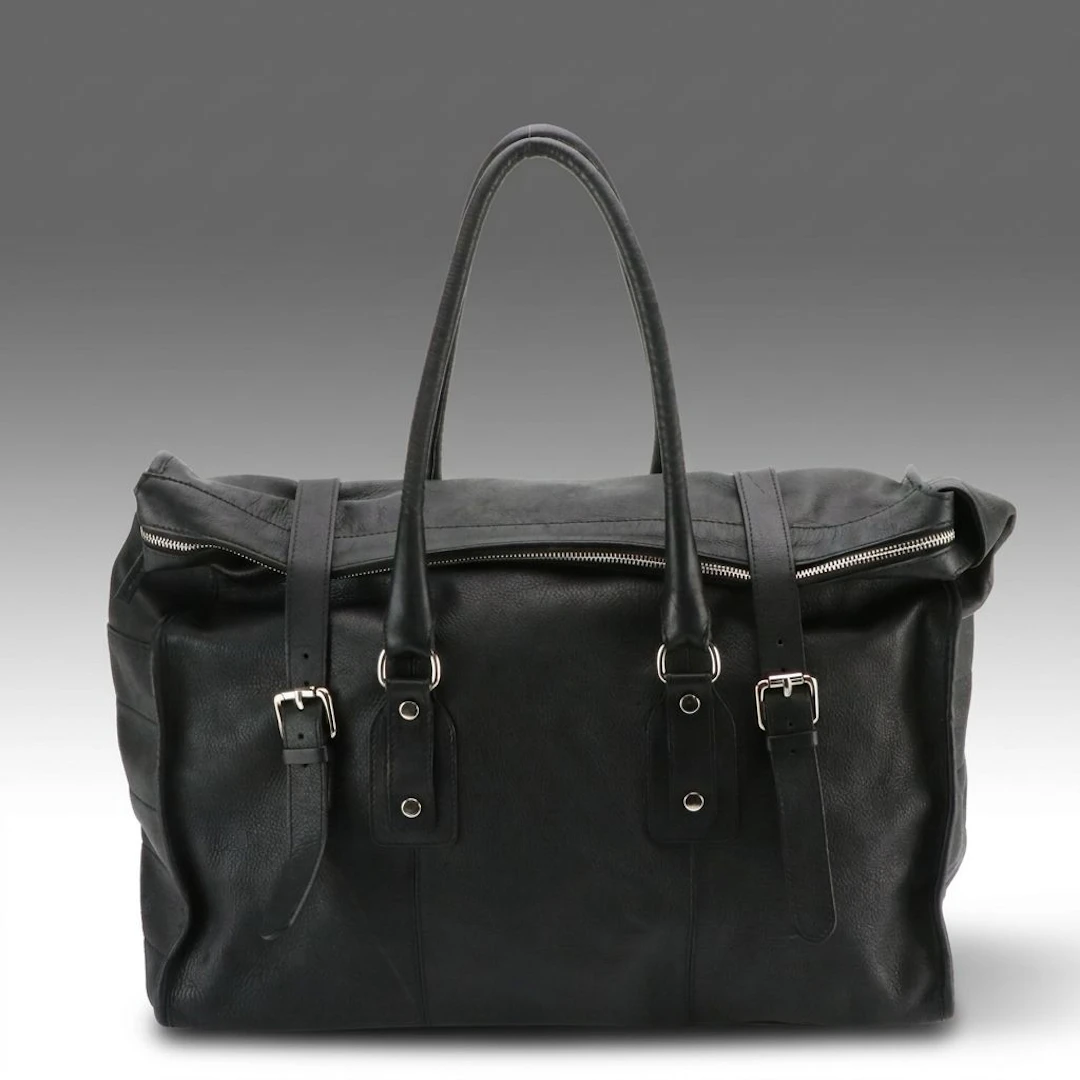 Marco Buggiani Black Calfskin Leather Weekender Zip Tote Bag with