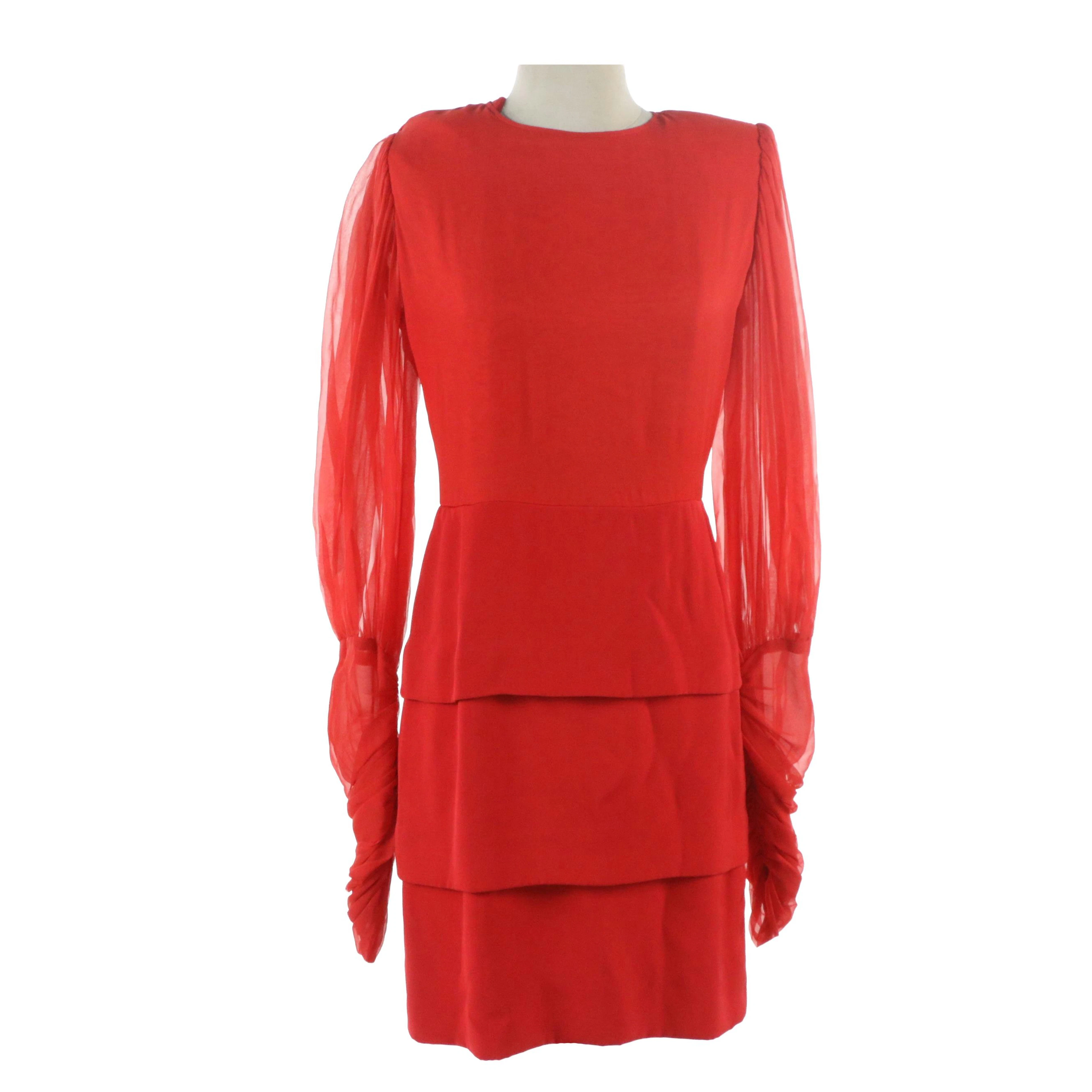 Vintage Galanos Ruched Long Sleeve Cocktail Dress in Red Silk
