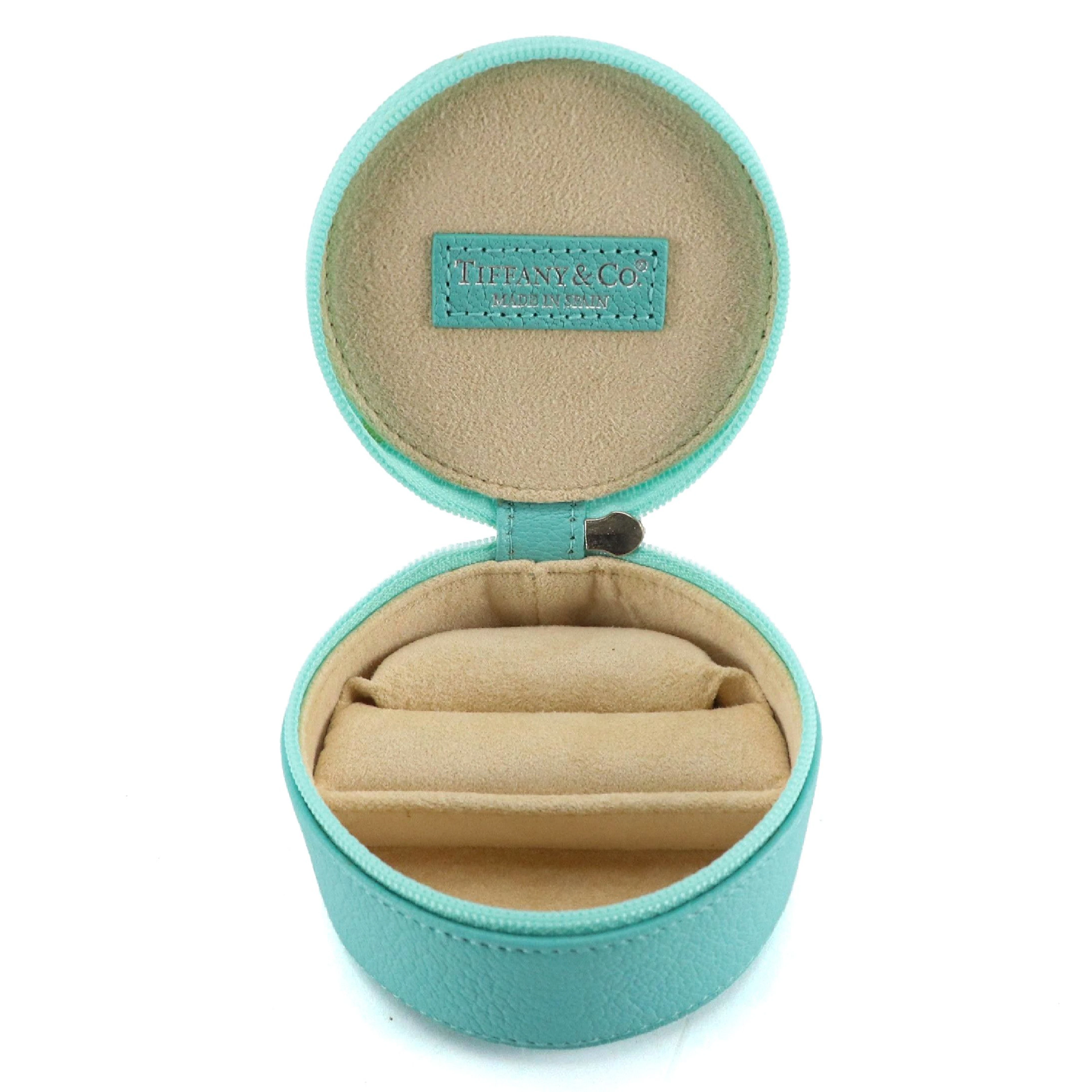Tiffany & Co. Round Zippered Travel Jewelry Case in Blue Leather, With Box