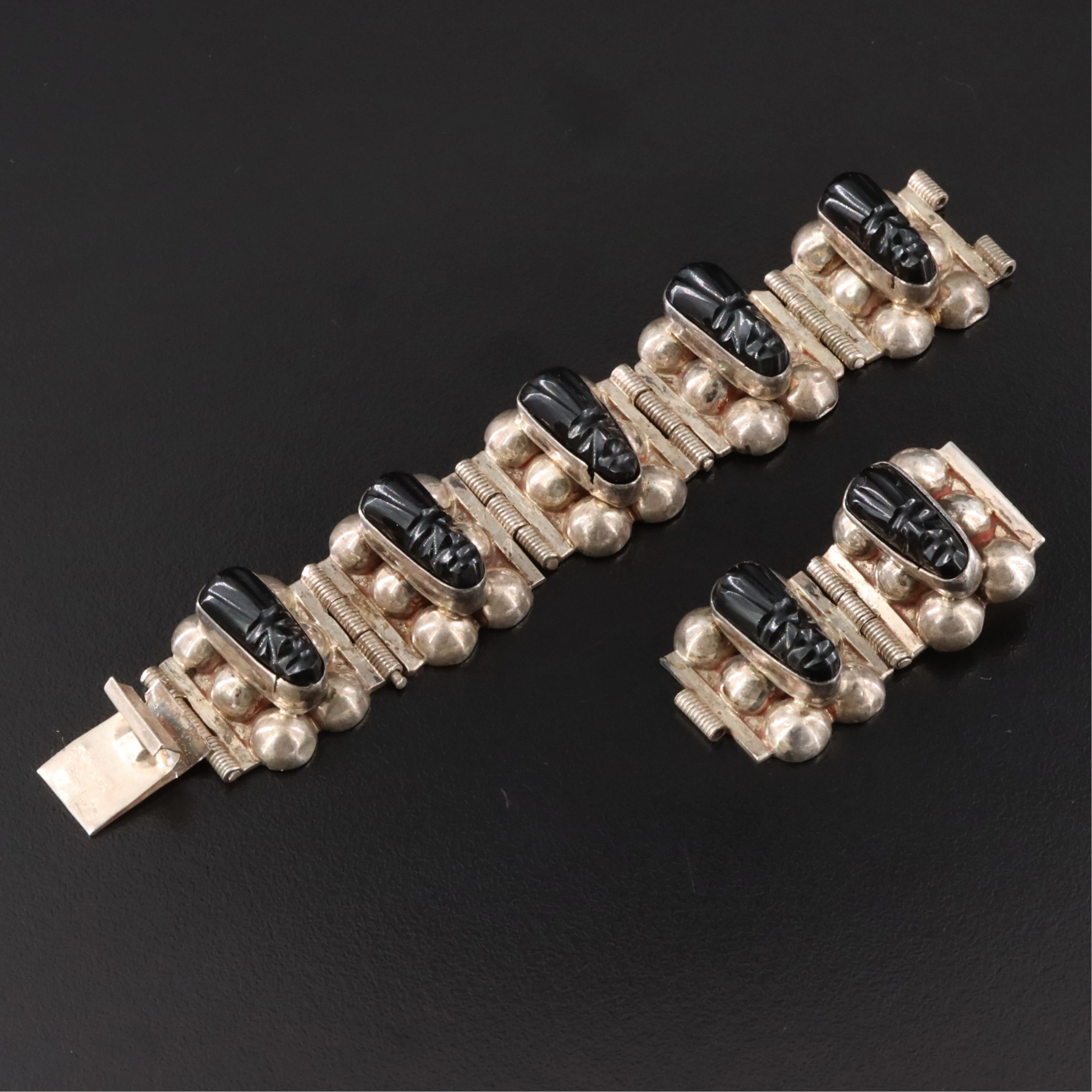 Repair Lot Taxco Mexican Sterling Black Onyx Carved Warrior Bracelet