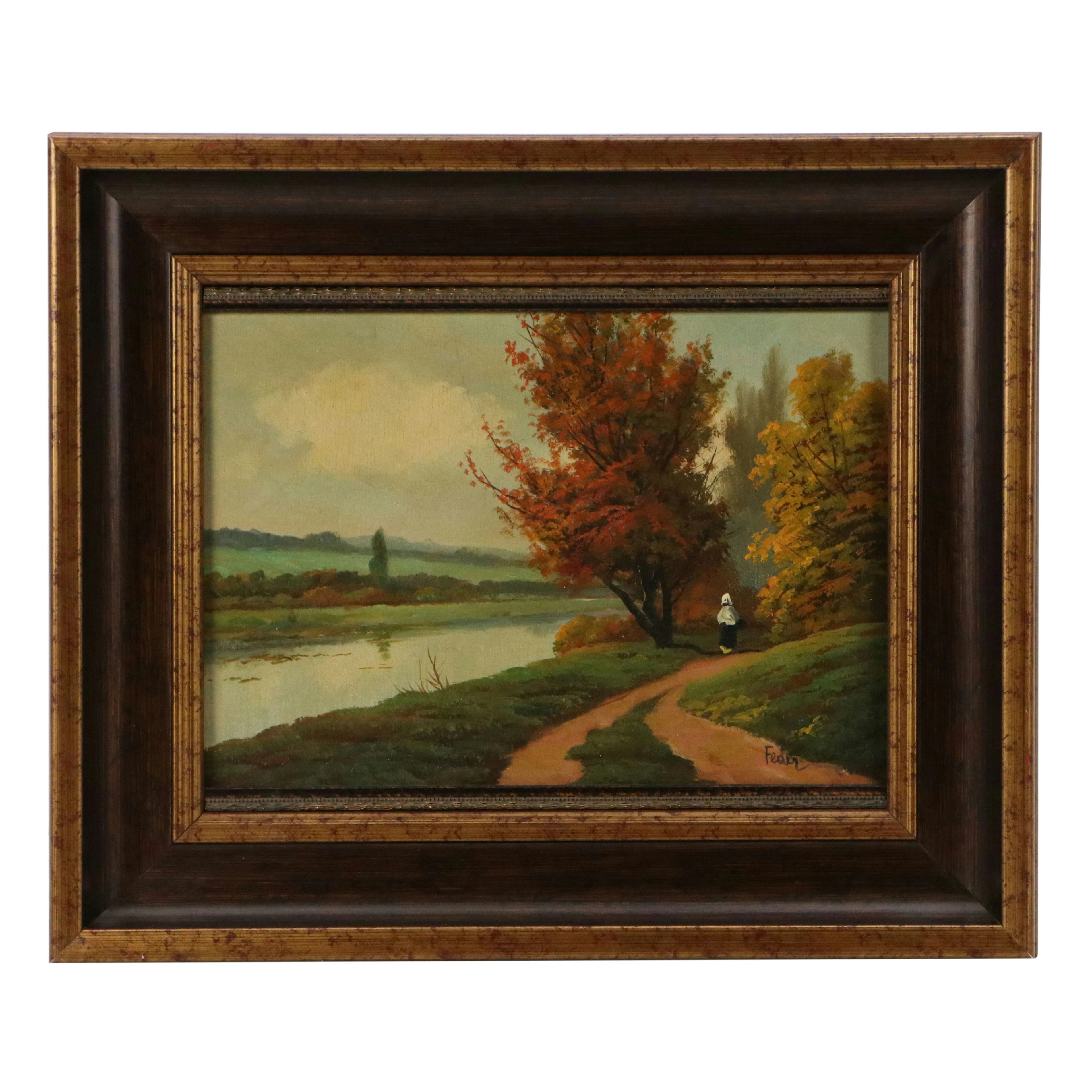 Charles Feder Oil Painting of Autumn Riverside Landscape, 20th Century