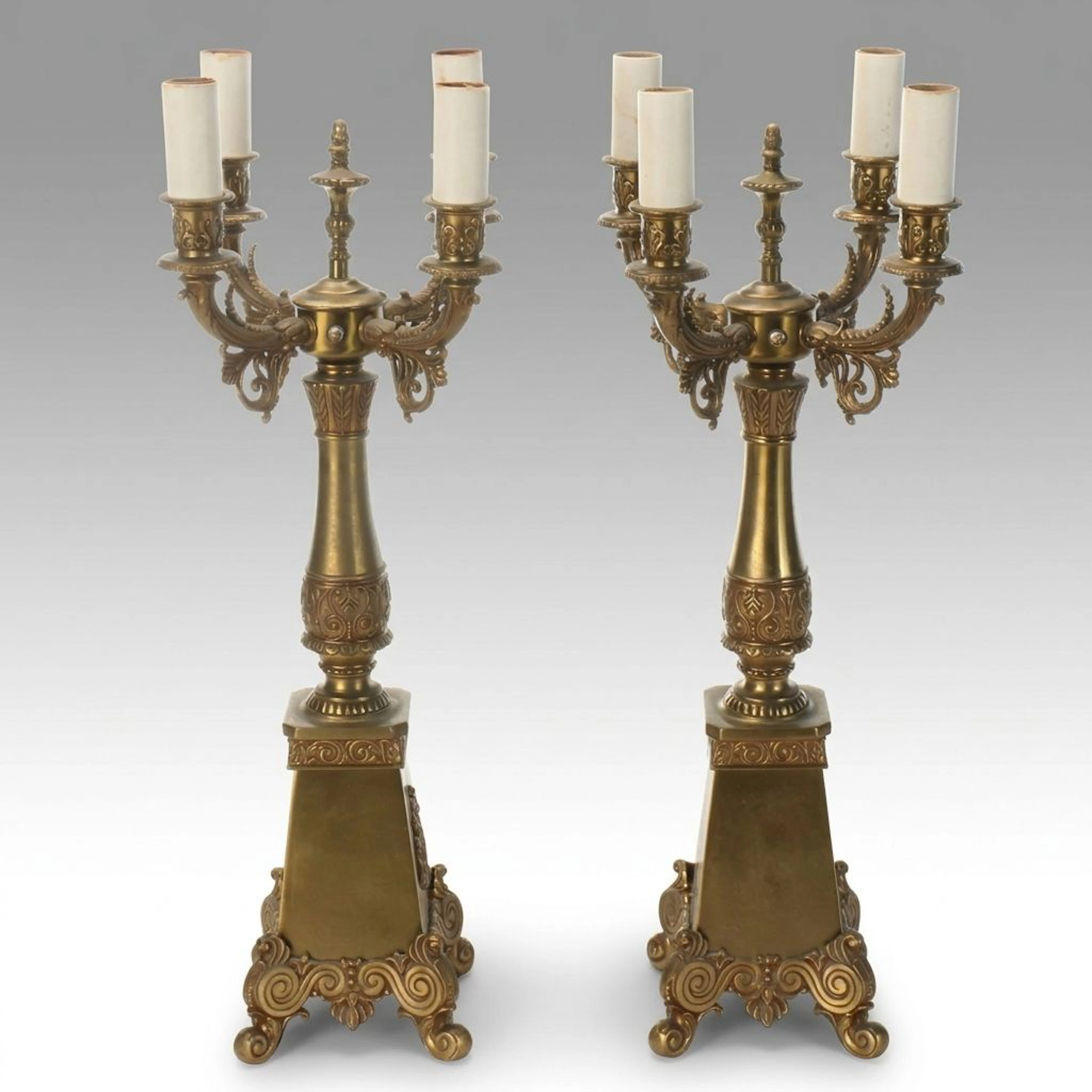 Pair of Empire Style Gilt Metal Candelabra Table Lamps