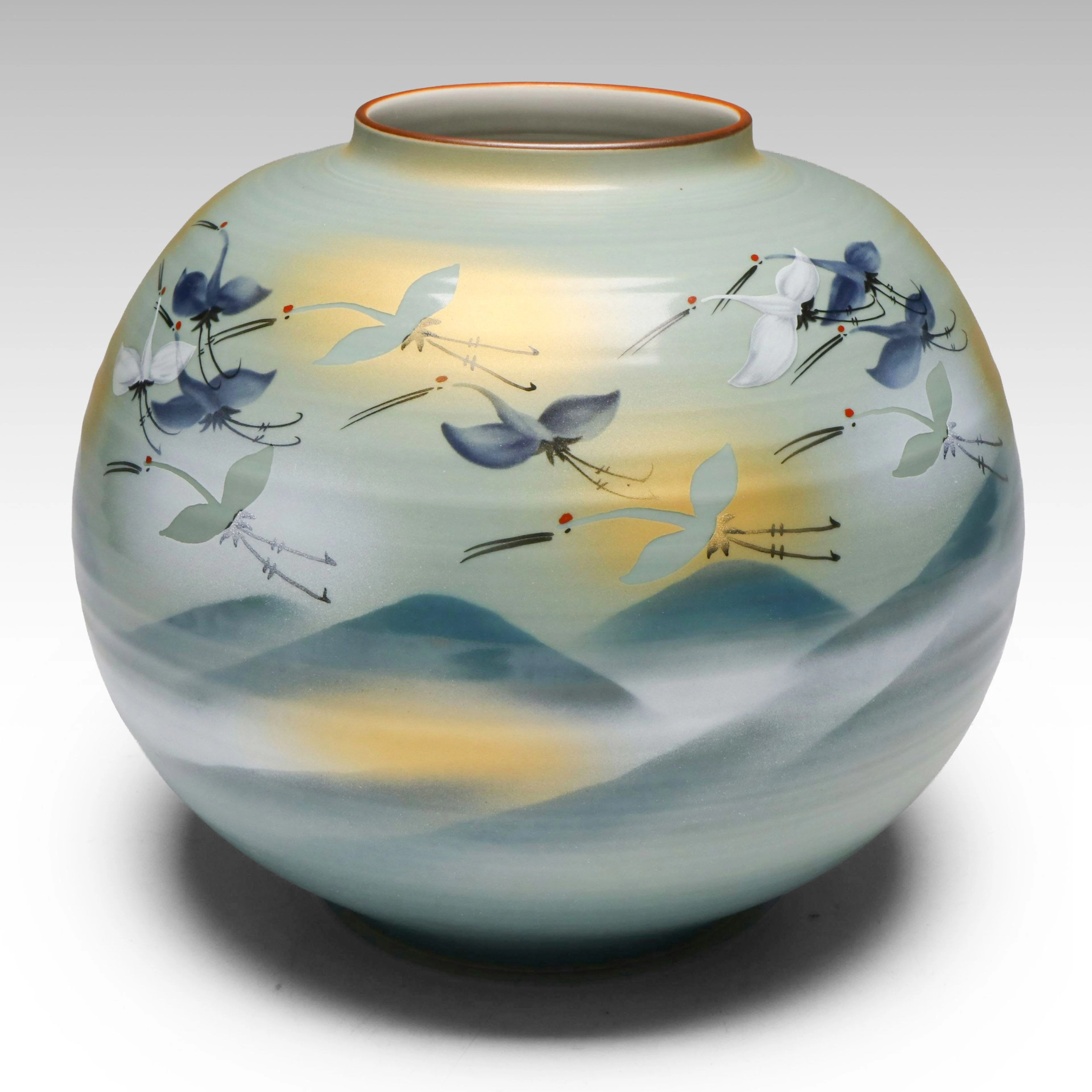 Japanese Porcelain Spherical Vase with Flying Cranes