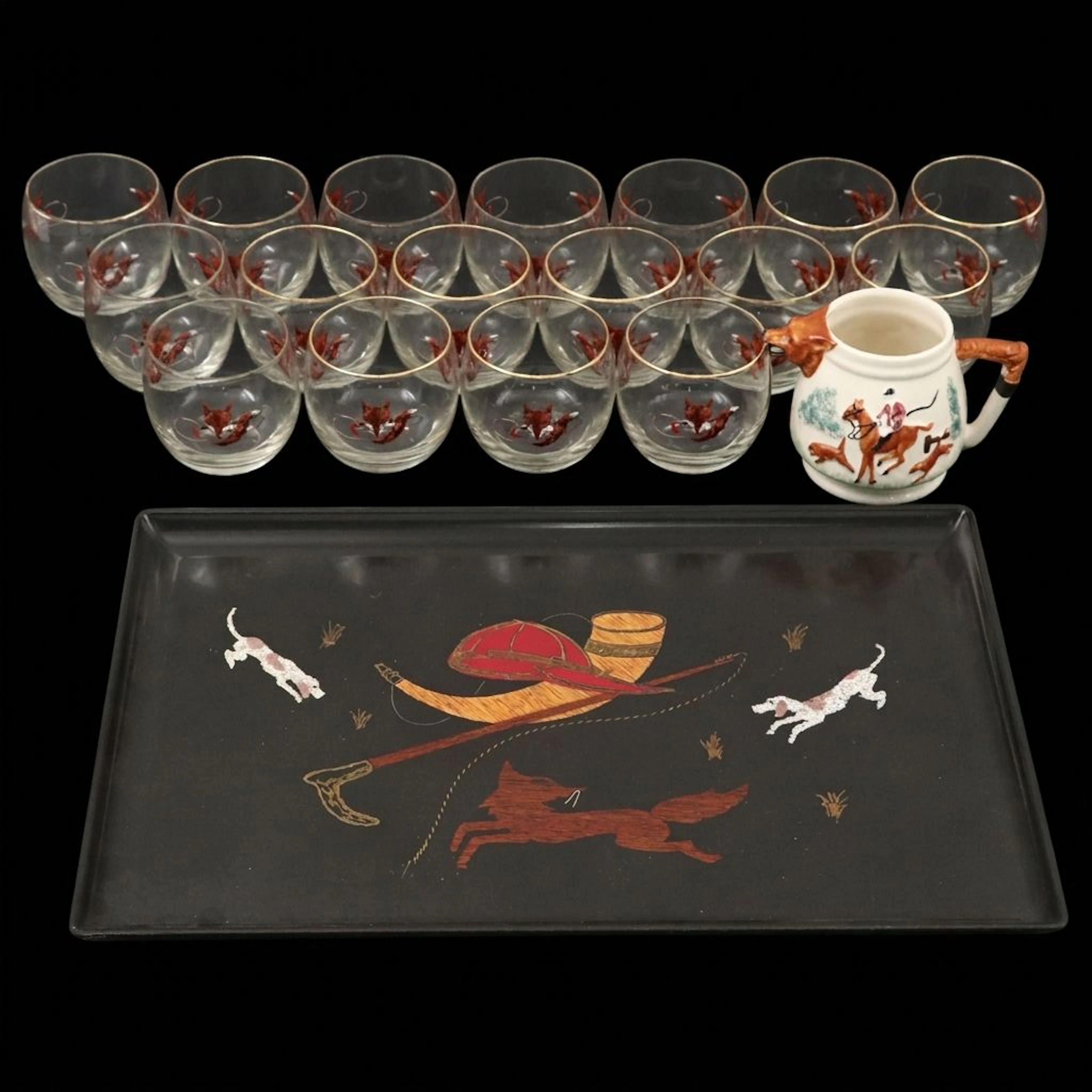 Couroc Wooden Inlaid Tray with Hunt Themed Roly Poly Glasses and Ceramic Jug