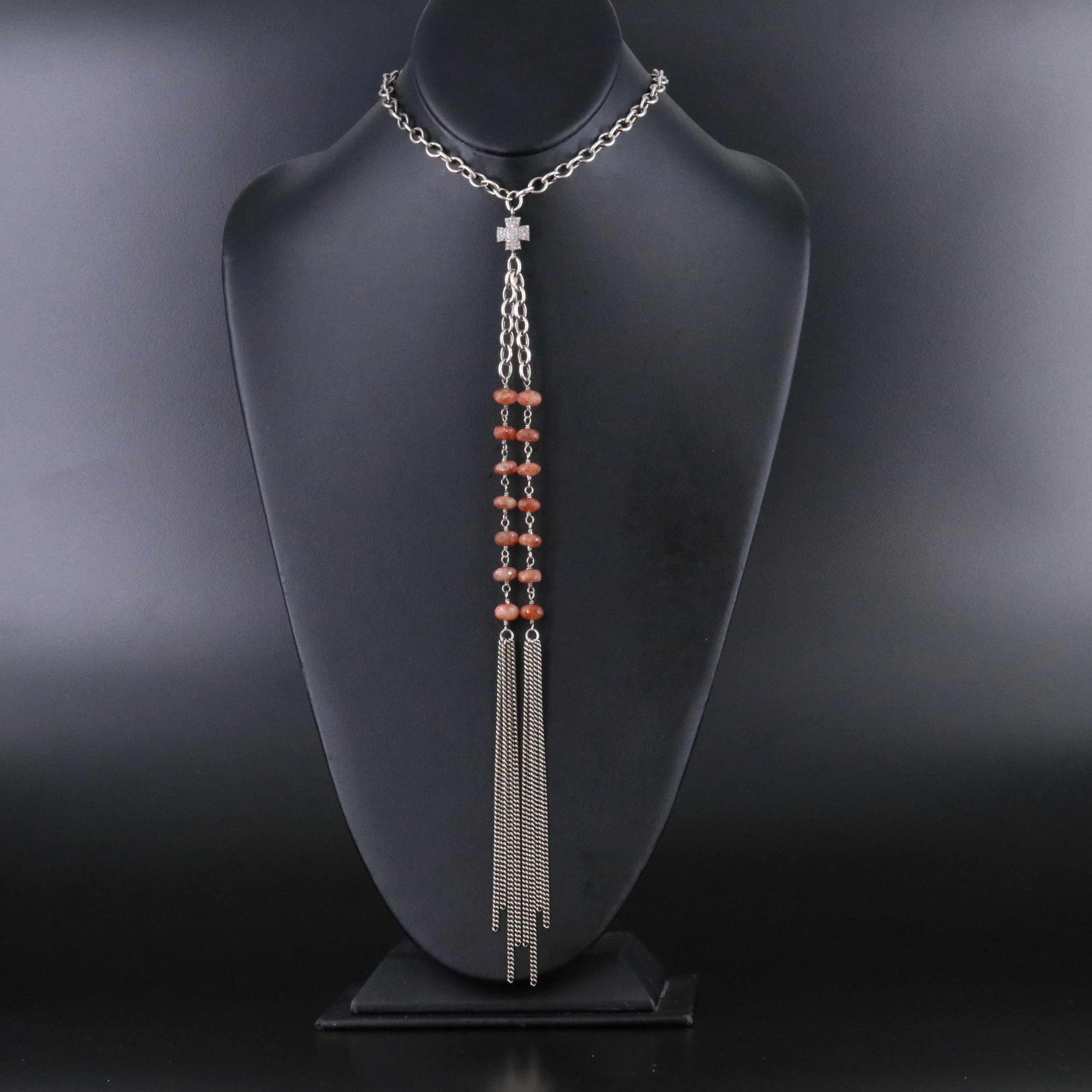 Sheryl Lowe Sterling Sunstone and Diamond Maltese Cross Lariat Necklace