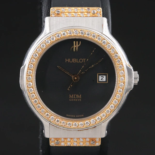 18K & Steel Hublot MGM Geneve Diamond Date Quartz Watch Model 1391L.2.054