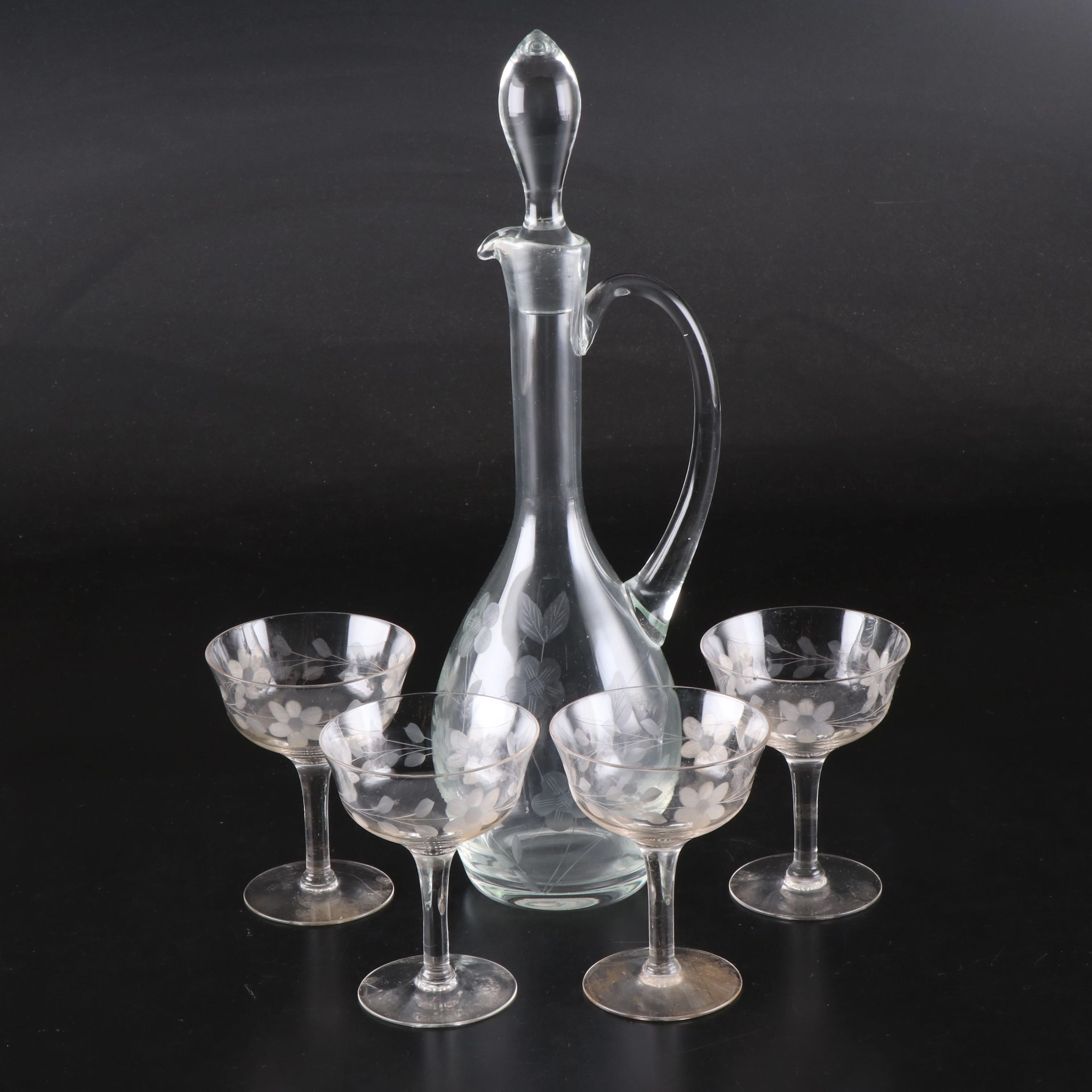 Floral Glass Champagne Coupes and Decanter