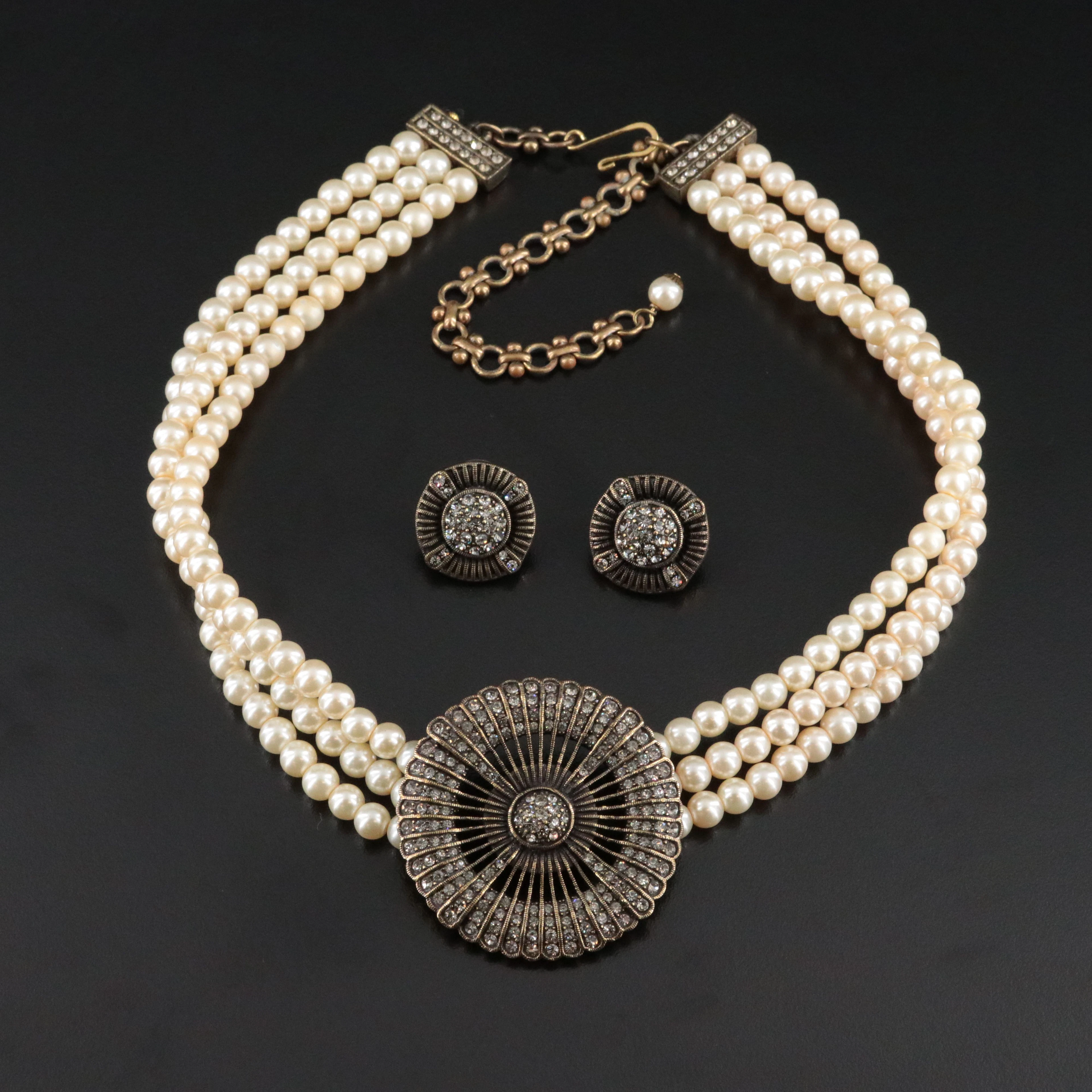 Heidi Daus Crystal Necklace and Earring Rhinestone Set with Faux Pearls
