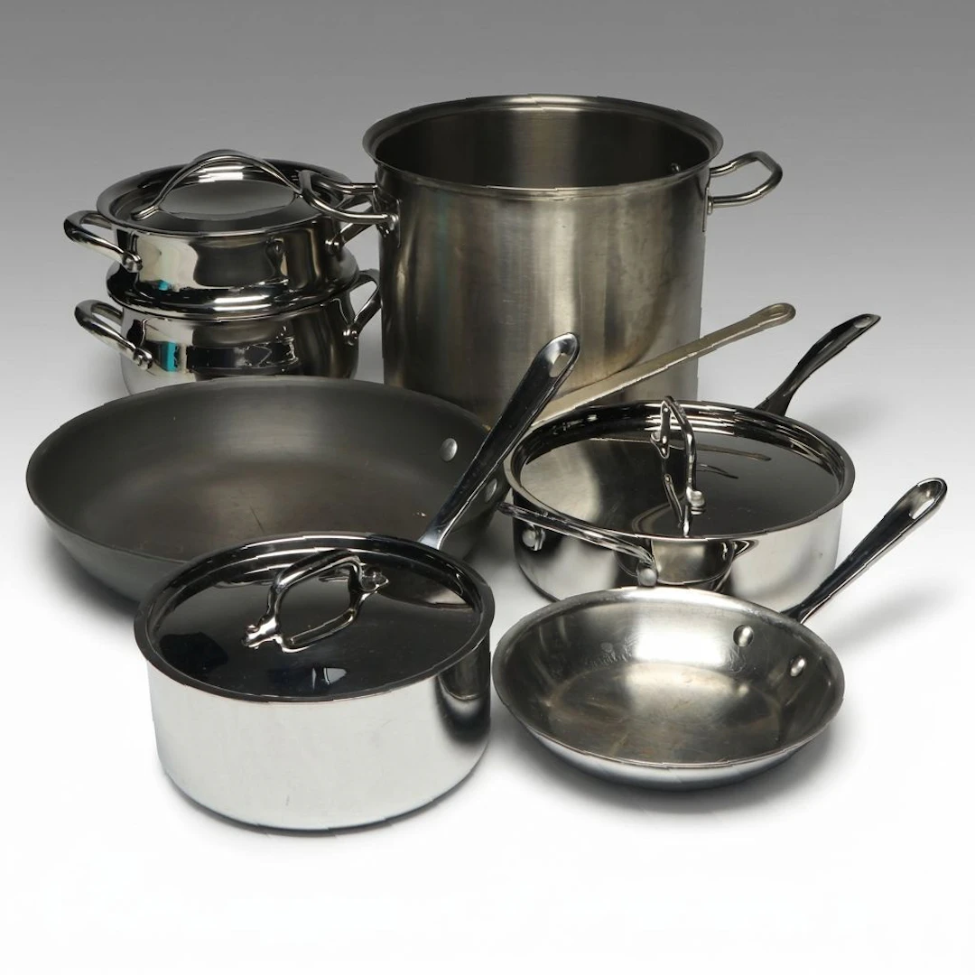 All-Clad Stainless Steel Saucepan and Skillet with More Pots and Pans