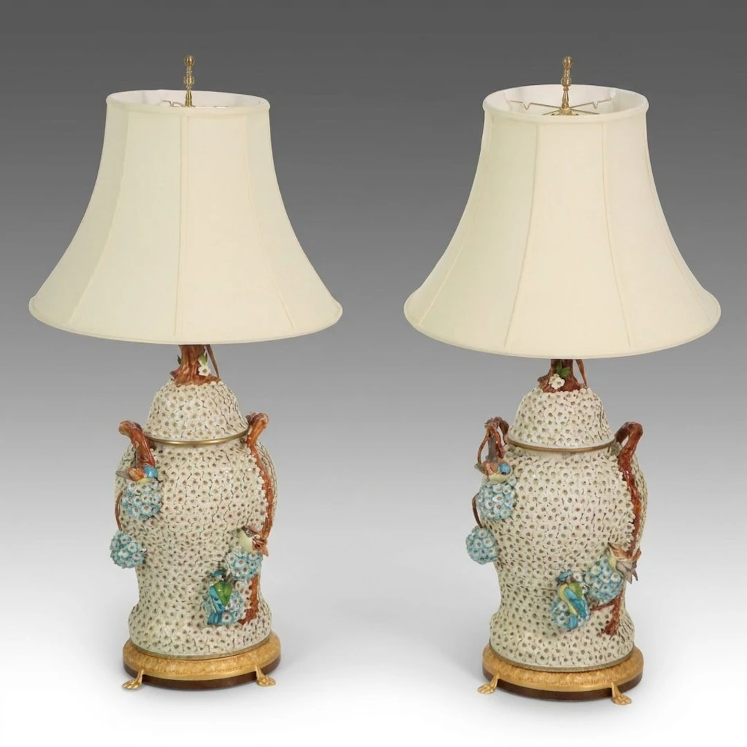 Pair of Dresden Style Schneeballen Porcelain Lidded Urn Lamps with Bell Shades