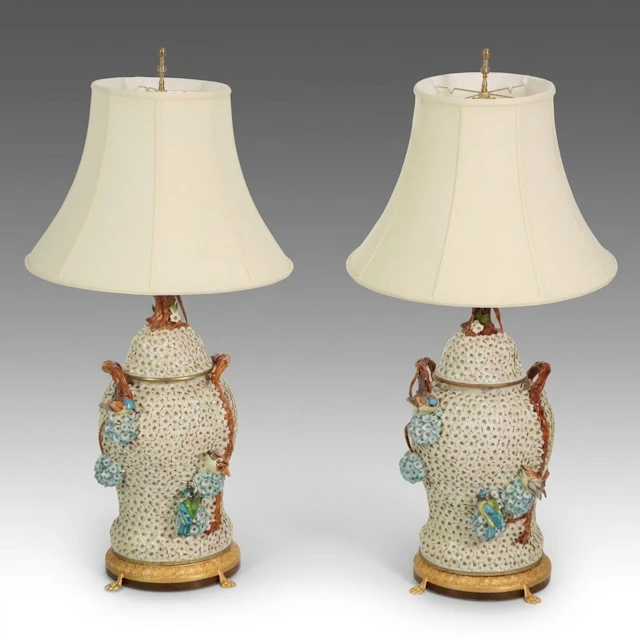 Pair of Dresden Style Schneeballen Porcelain Lidded Urn Lamps with Bell Shades